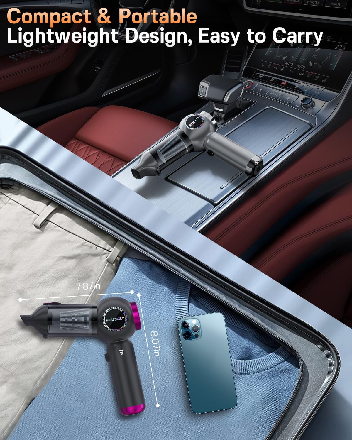 Handheld Car Vacuum Portable Cordless 25000Pa High Power Small Mini Hand Vacuum Cleaner Rechargeable 4-in-1 Compressed Air Duster Blower Pump Wireless Handheld Vac for Car Office Desktop Home Cleaning