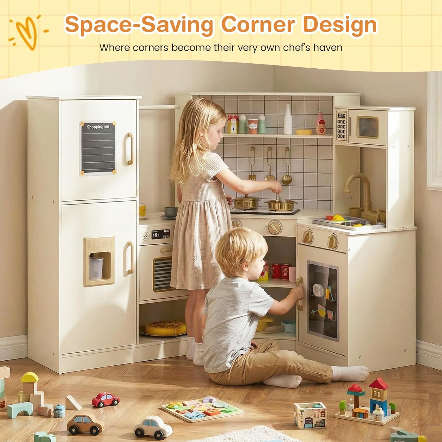 Costzon Kids Corner Play Kitchen, Pretend Play Kitchen Set w/Ice Dispenser, Stoves, Oven, Microwave, Dishwasher, Water Faucet & Accessories, Wooden Toy Kitchen Playset for Boys & Girls 3+