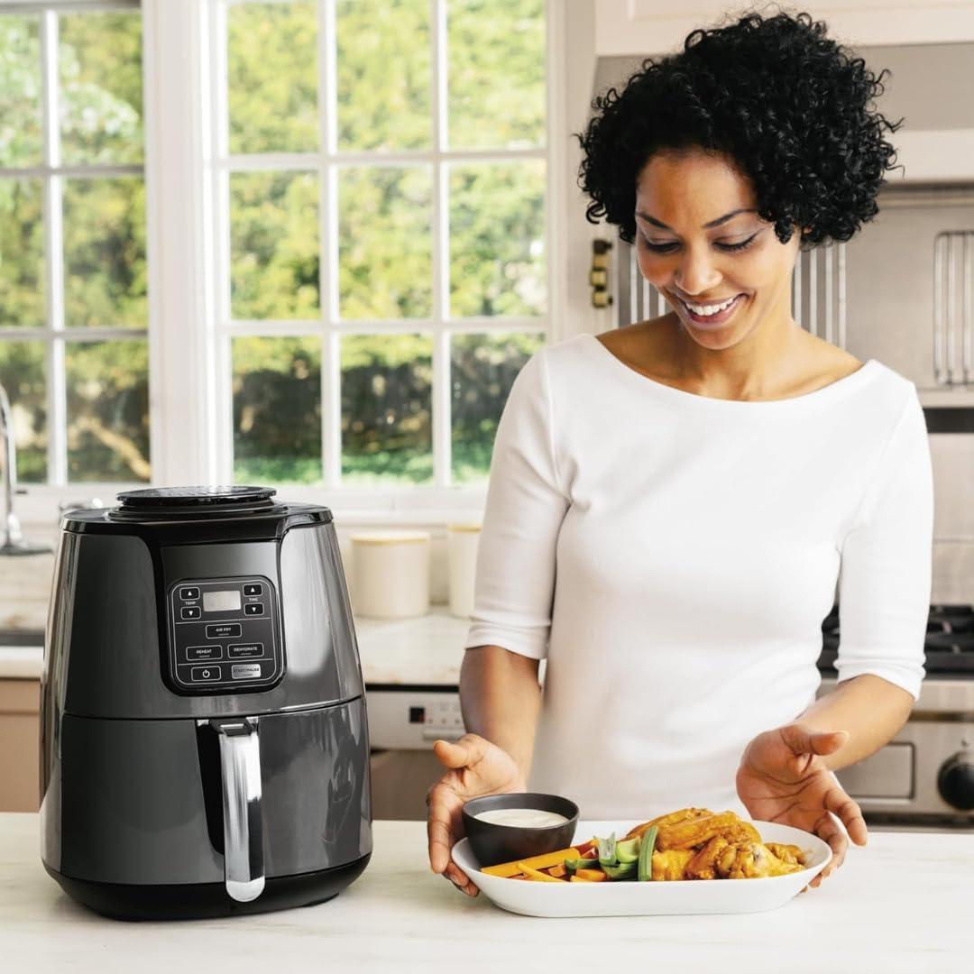 4 Quart AF100WM digital air fryer with cooking presets, wide temperature range and compact family size design
