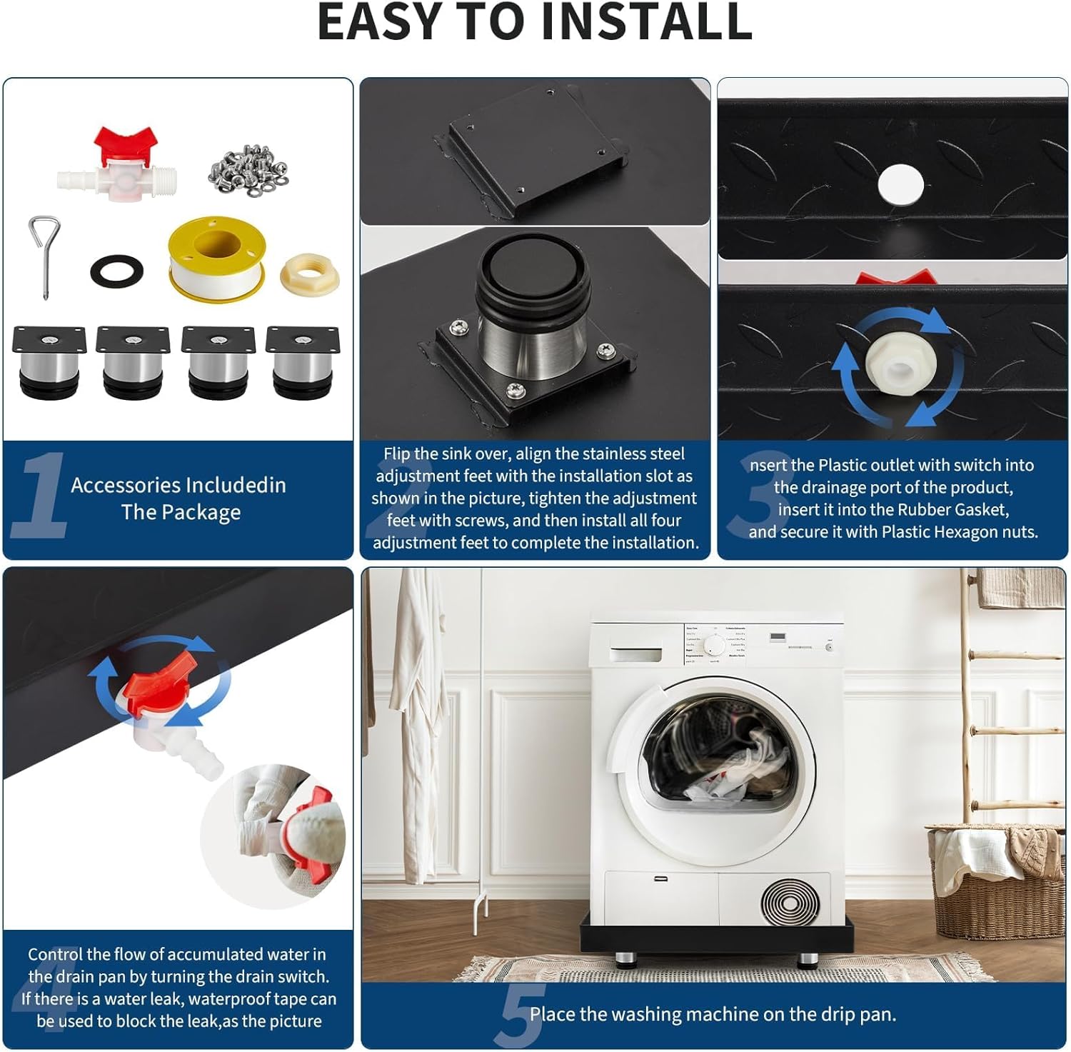 32 in x 30 in Carbon Steel Washing Machine Pan with Connector & Hole - Rust-Free Water Damage Protection with 4 Anti-Vibration Feet, Easy Install