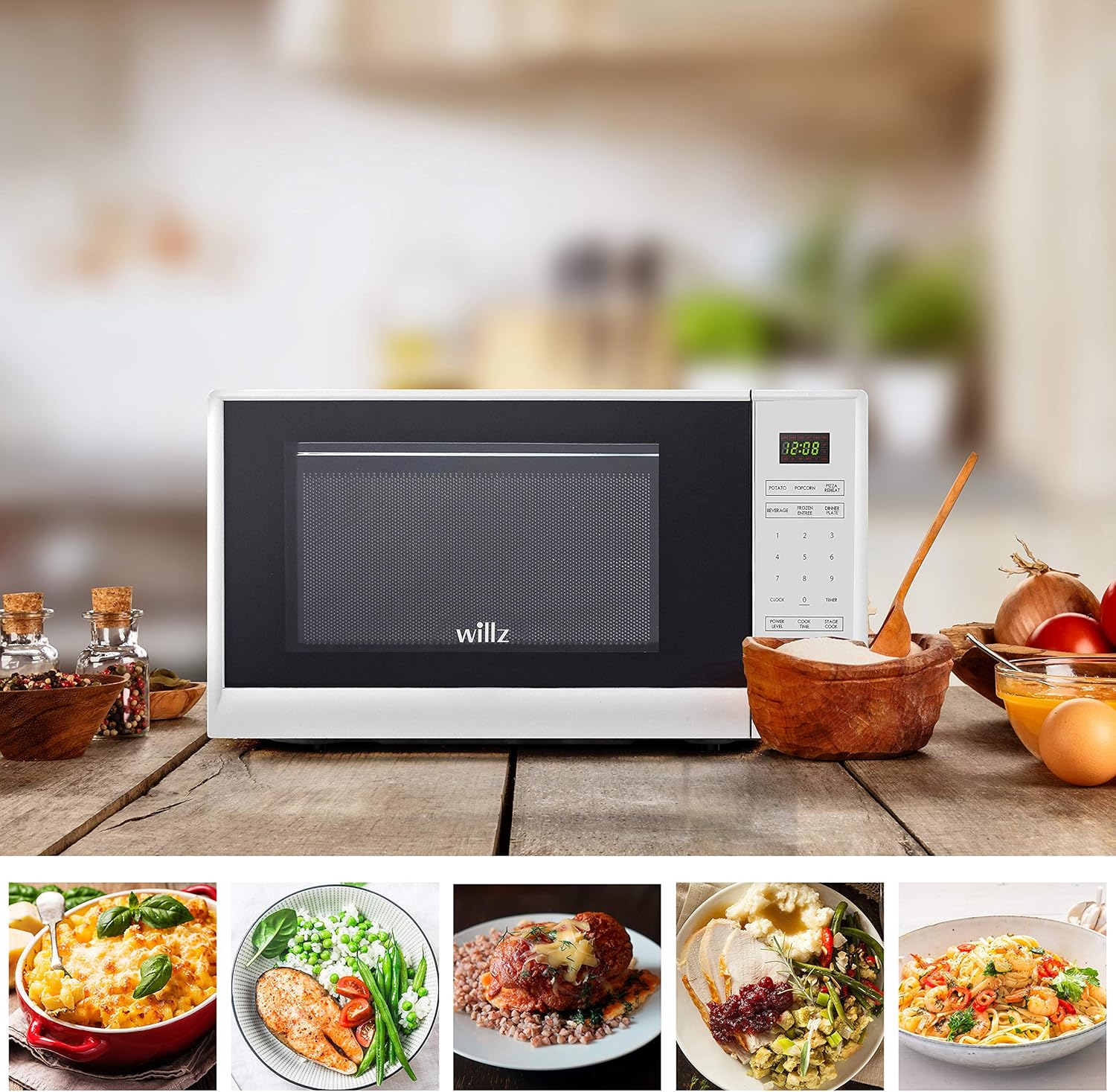 Willz WLCMSR09WE-09 Countertop Microwave Oven, 0.9 Cu.Ft/900W Microwave Oven, 6 Cooking Programs LED Lighting Push Button, White