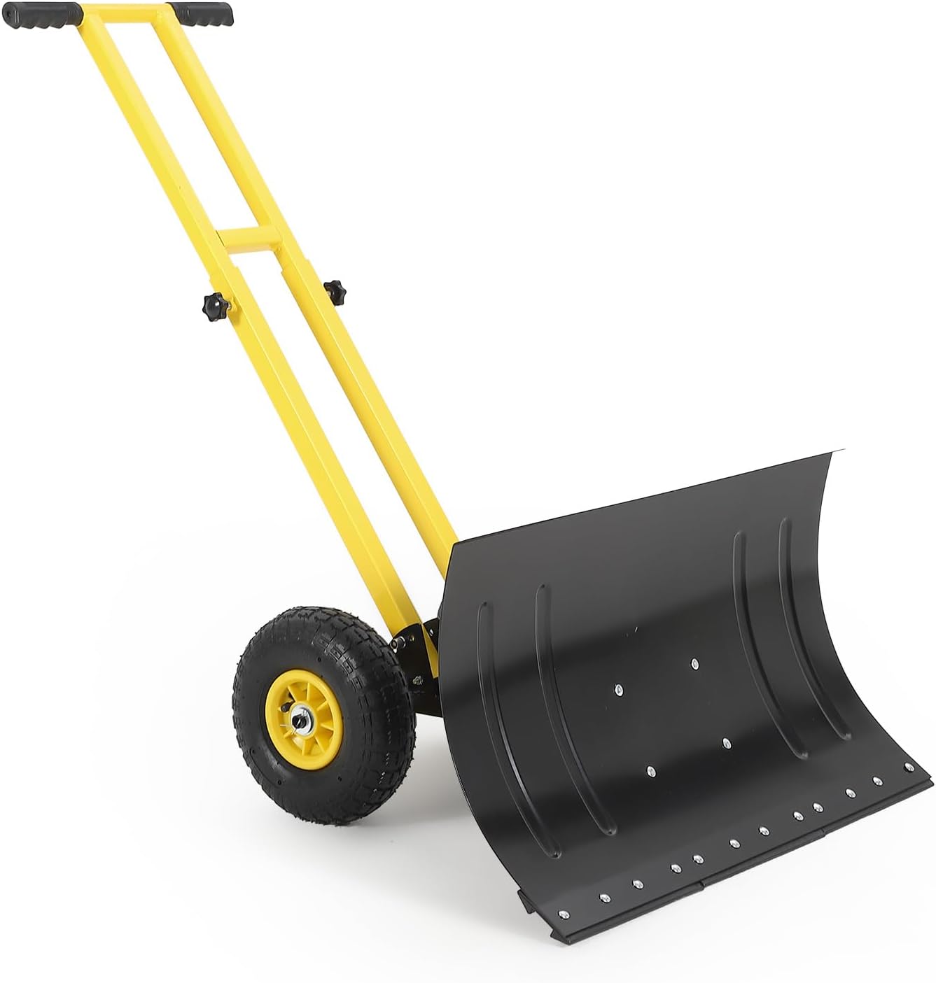 29x16.5 in Snow Shovel with 5-Position Angled Blade & Adjustable Handle, Heavy Duty Metal Snow Pusher Shovel with Wheels for Driveway, Doorway, Sidewalk, Pavement, Black & Yellow