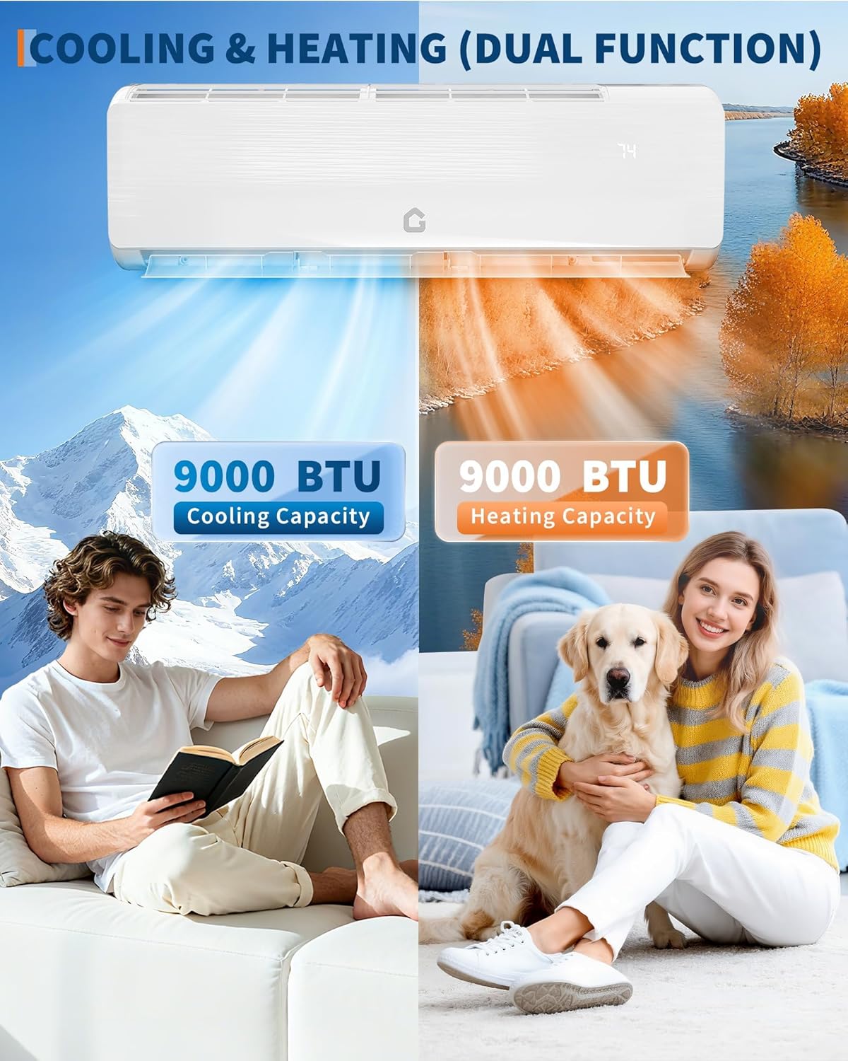 9000 BTU Mini Split Air Conditioner Heat Pump System,19 SEER2 115 v Inverter Ductless AC Cools Up to 450 Sq, Remote Control & Installation Kit,Energy Efficient for Bedroom,White