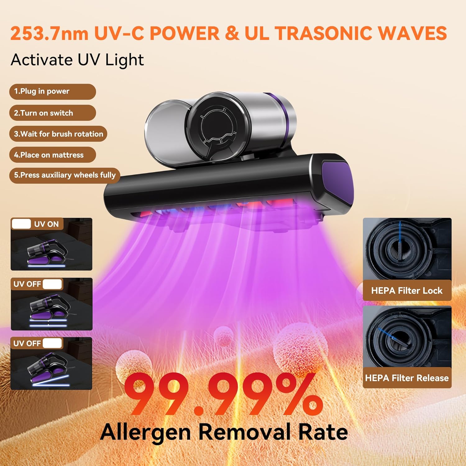 Mattress Vacuum Cleaner, 16KPa Suction Bed/Couch Vacuum, 253.7nm UV-C+140°F Heating+HEPA Filter, 600W Pet Hair Remover for Mattress/Sofa/Crib, Lightweight Corded Deep Cleaner