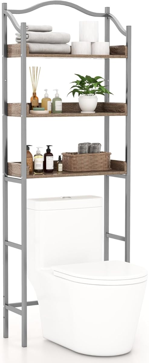 Giantex 3-Tier Over-The-Toilet Rack, Freestanding Bathroom Space Saver W/ 3 Open Shelves & Sturdy Metal Frame, Mid-Century Storage Rack for Bathroom, Laundry Room, Easy Assembly (Sliver)