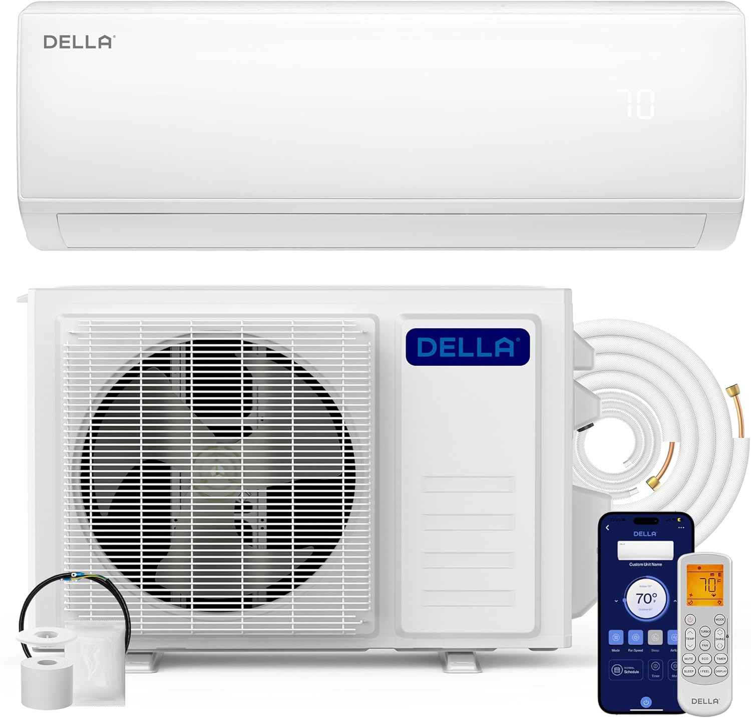DELLA Econo Series 23000 BTU Mini Split Air Conditioner 17 SEER2, 230V Cools up to 1500 Sq. Ft, Works with Alexa and Wifi, Heater Ductless Inverter System with Heat Pump,16.4ft Installation Kit