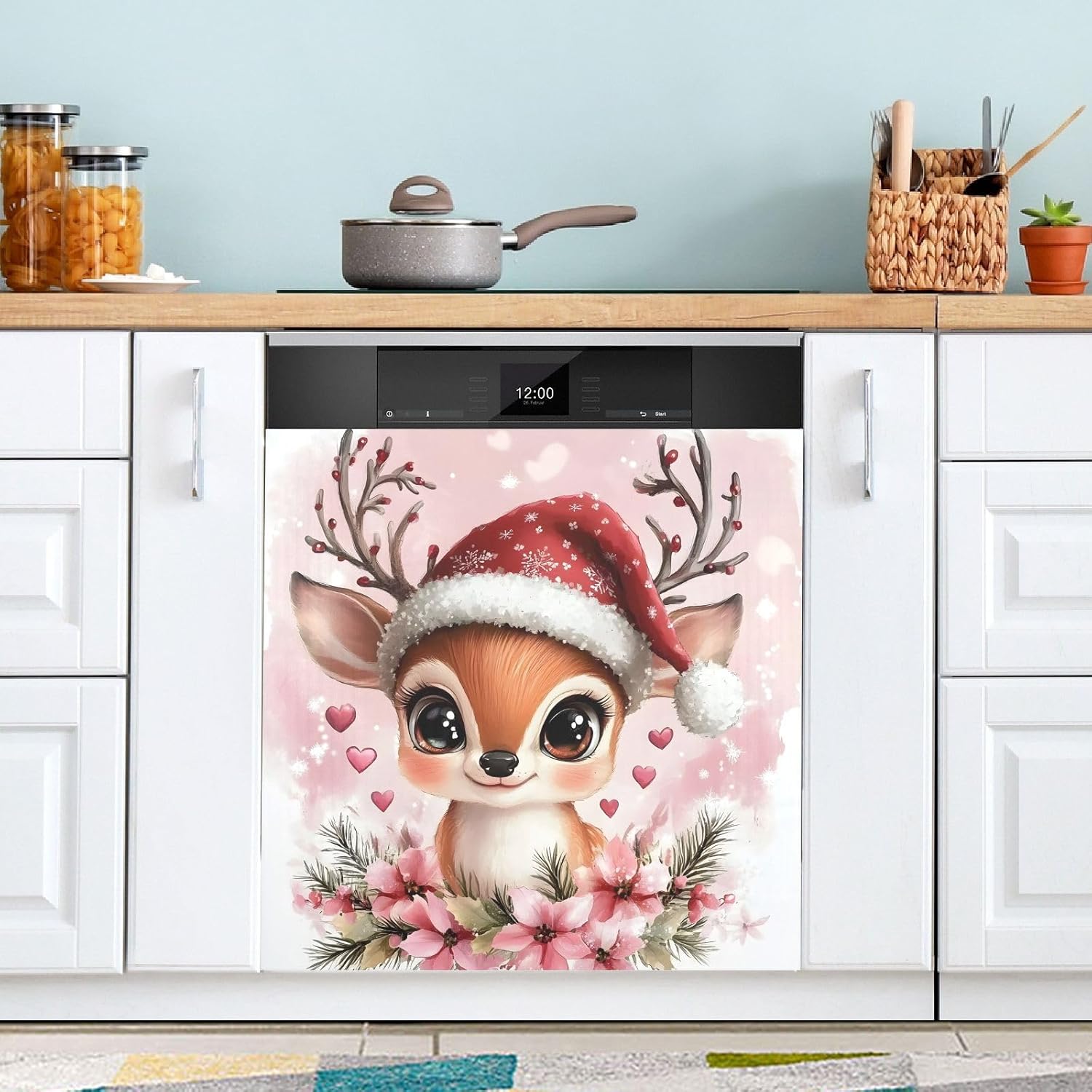 Dishwasher Magnet Cover Large Magnetic Stickers Cute Deer Pink Flower Front Dishwasher Cover Reusable Decal for Home Kitchen Anti-Scratch Refrigerator Decorative Lid Washing Machine Laundry 23