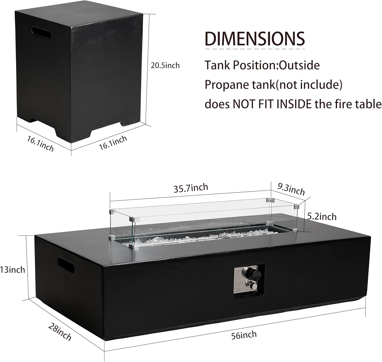 56 Inch Propane Fire Pit Table, Outdoor Rectangle Fire Table w Tank Table (50,000 BTU), 3 Piece Gas Fire Pit in Black w Glass Wind Guard and White Fire Glass for Deck, Garden, Backyard