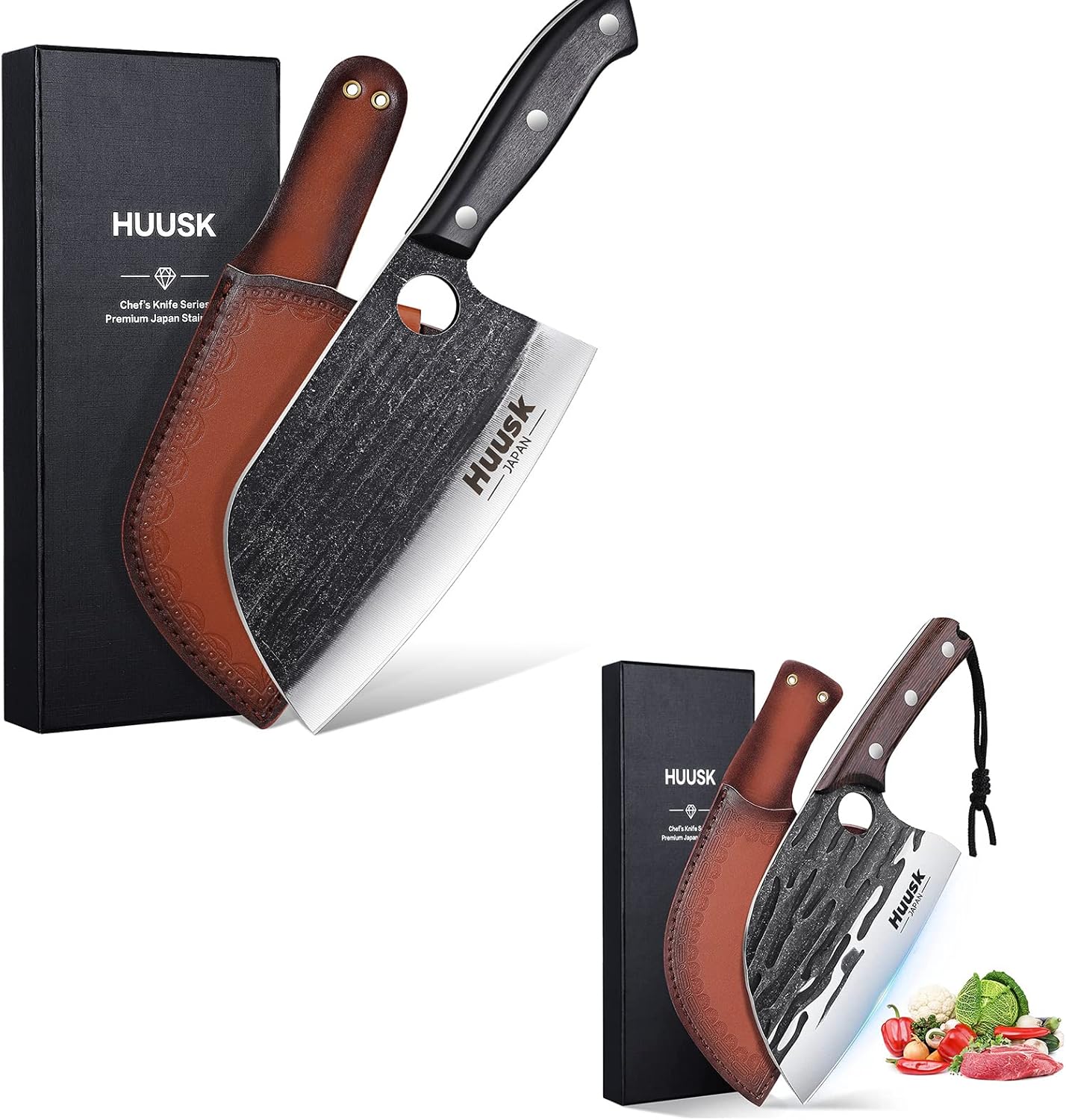 Huusk Japan Knife Bundle with Two Serbian Knife, Hand Forged Meat Cleaver Sheath Included, Outdoor Camping BBQ Ideal Present Gift