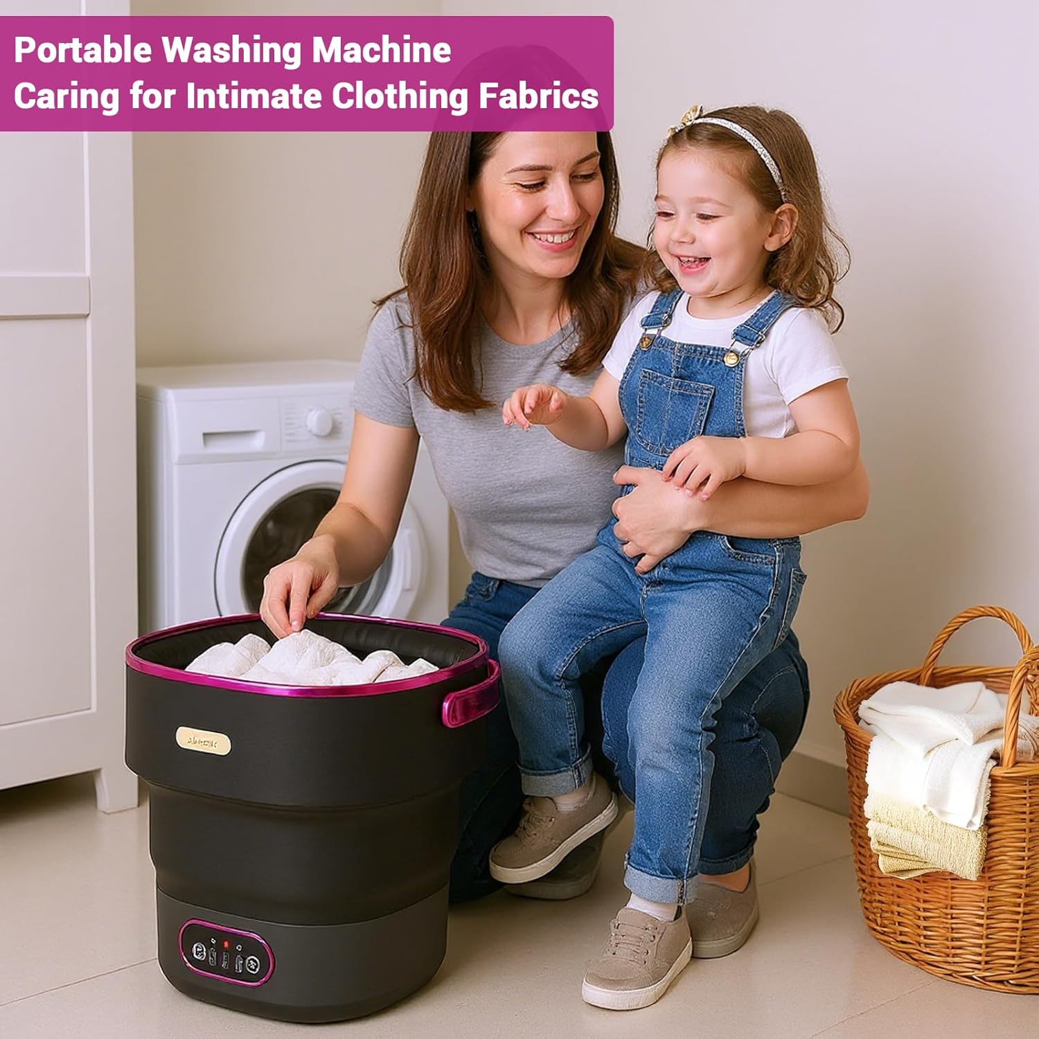 Portable Washing Machine, 13 L Foldable Mini Washer with with 4 Modes and Spin Basket Deep Cleaning of Underwear Baby Clothes and Small Clothes for Apartments Dorm RV Travel Hotel Laundry Black Purple