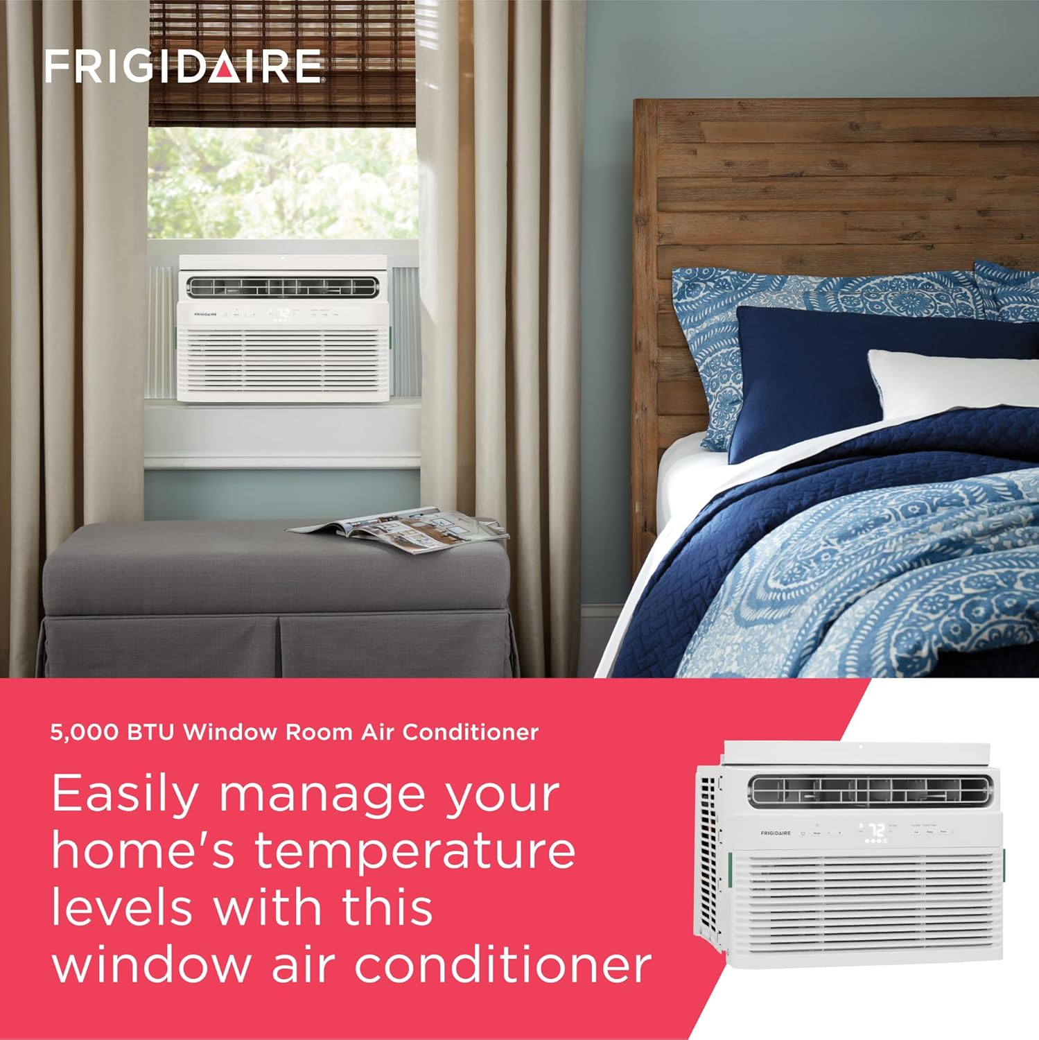 Frigidaire 5,000 BTU Window Air Conditioner with Remote Control, Cools Up to 150 Sq. Ft., Quiet Operation, Eco Mode, 3 Fan Speeds, Auto Restart, White