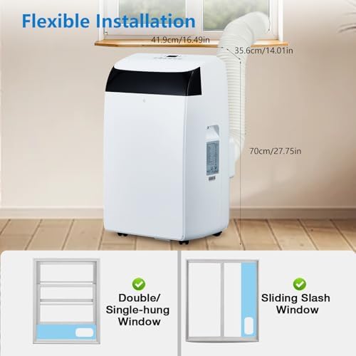 14,000 BTU Portable Air Conditioner with Built-In Dehumidifier, Easy to Move Small AC Unit with Remote Control, Window Mount Exhaust Kit, for Rooms Up to 750 Sq. Ft.