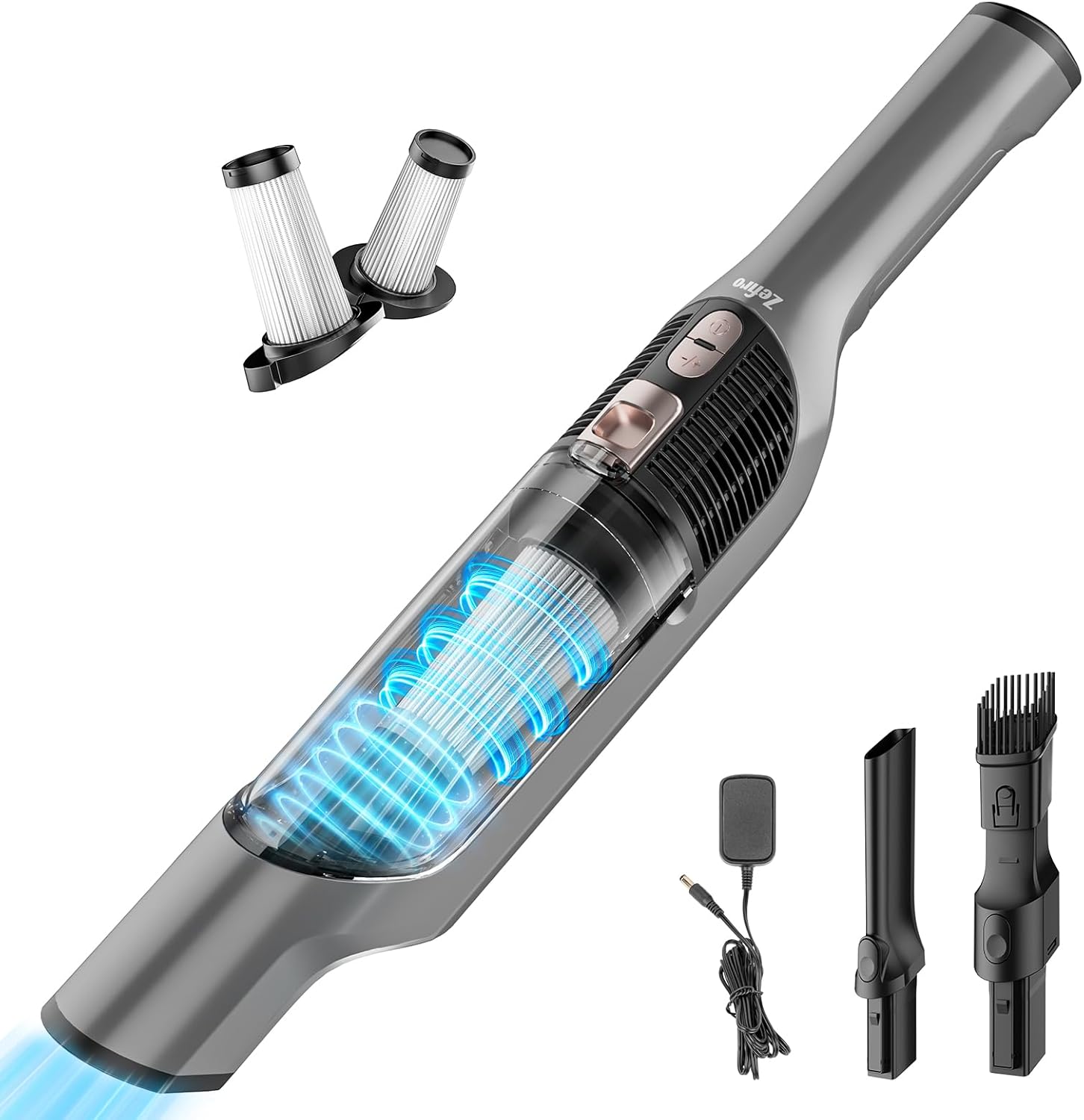 Zefiro Compact & Powerful Cordless Handheld Vacuum, Rechargeable Portable Car Vacuum for Car & Pet Hair, with XL Dust Cup, High-Suction, 2 Brushes & Filters, Long Runtime