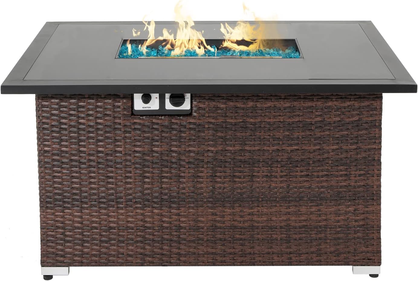 HOMPUS Outdoor Patio Propane Gas Fire Pit Coffee Table 44-Inch 40,000 BTU Rectangular PE Wicker Patio Fire Place, Waterproof Cover and Free Fire Glass, Internal Tank Storage, Brown