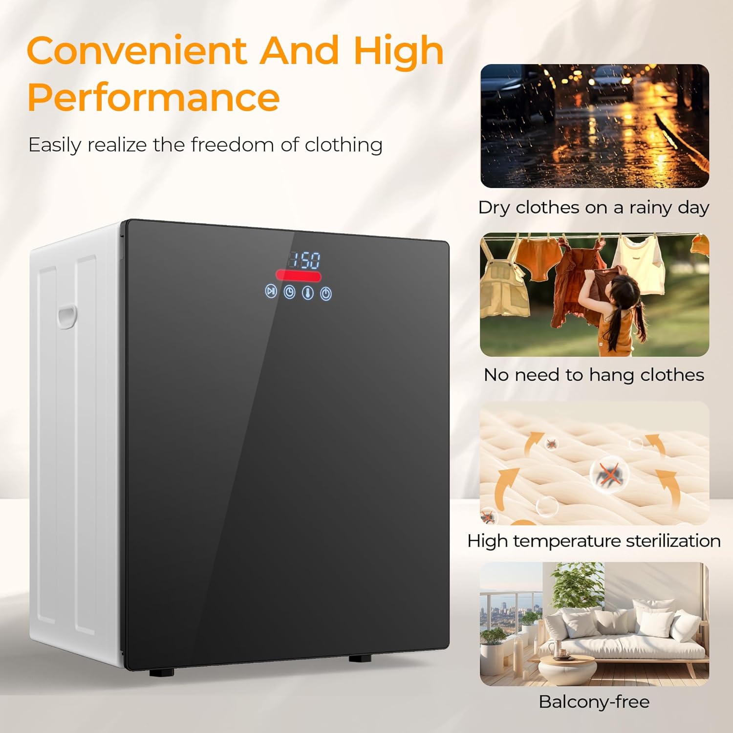 EUHOMY 1.5 Cu.ft. Portable Clothes Dryer, 850W Compact Dryer with Exhaust Hose, Mirror Finish, LCD Touch Panel, 4 Drying Modes, 5.5lbs Capacity, Portable Dryer for Apartments, Dorms, Rvs, Black&White