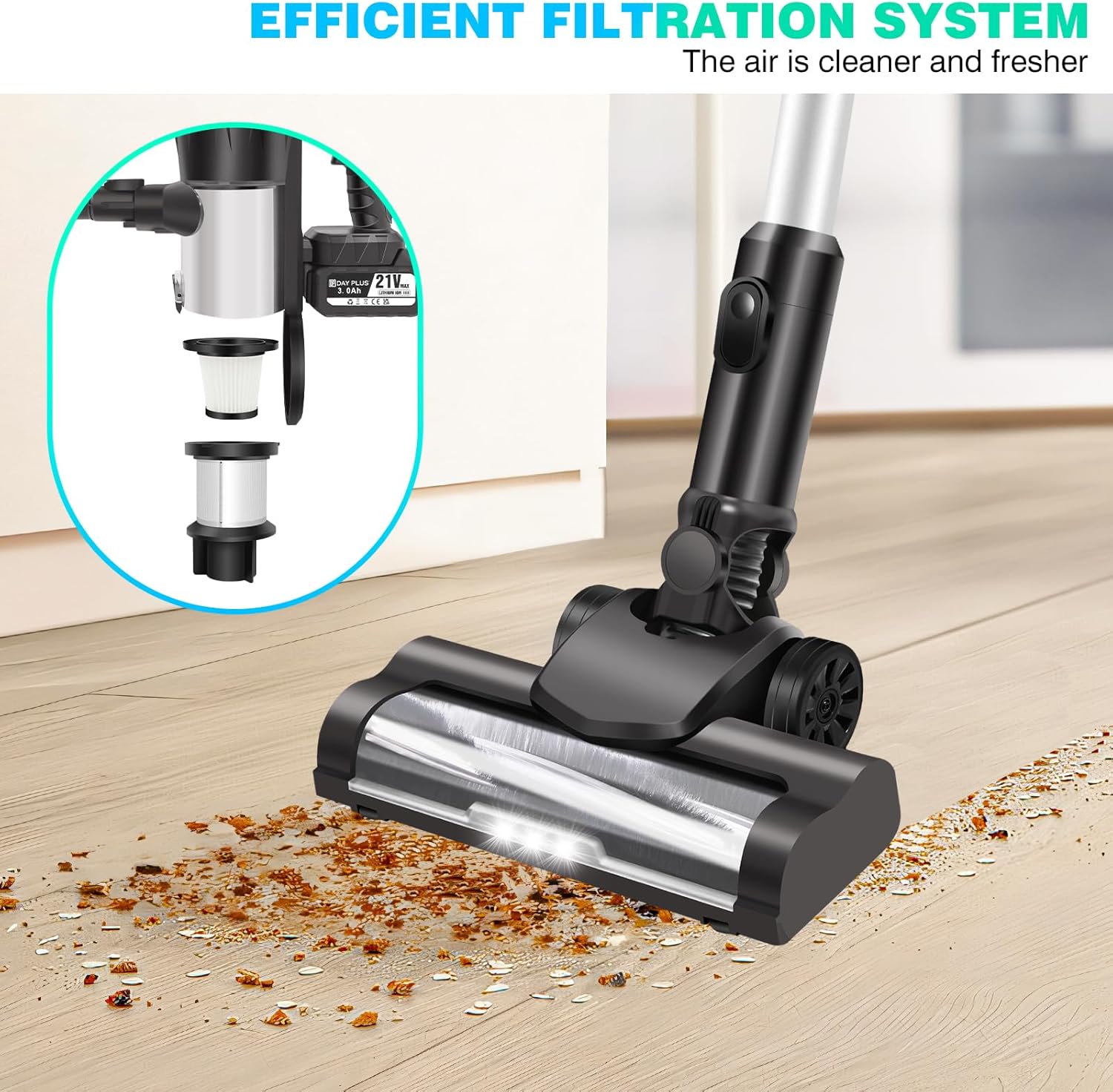 Cordless Vacuum Cleaner, Lightweight Handheld Stick Vacuum, 15KPa Powerful Suction with Brushless Motor, 2 Suction Modes, 6.0Ah Detachable Battery, Cordless Hardfloor Cleaner for Home/Pet Hair/Carpet