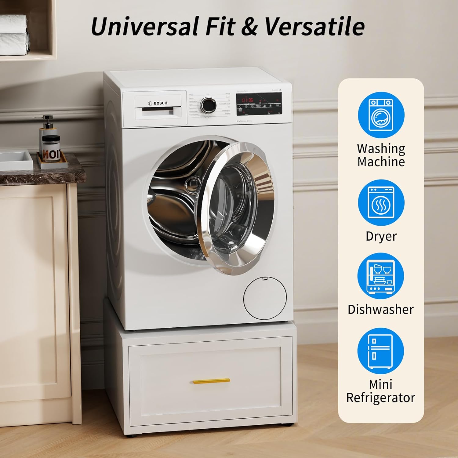 2 Pack Metal Washer and Dryer Pedestal, 28''W Heavy Duty Washing Machine Base Stand with Storage Drawer, Universal Fit Anti-Vibration Laundry Pedestal for Washer and Dryer, 440 LBS Capacity (White)