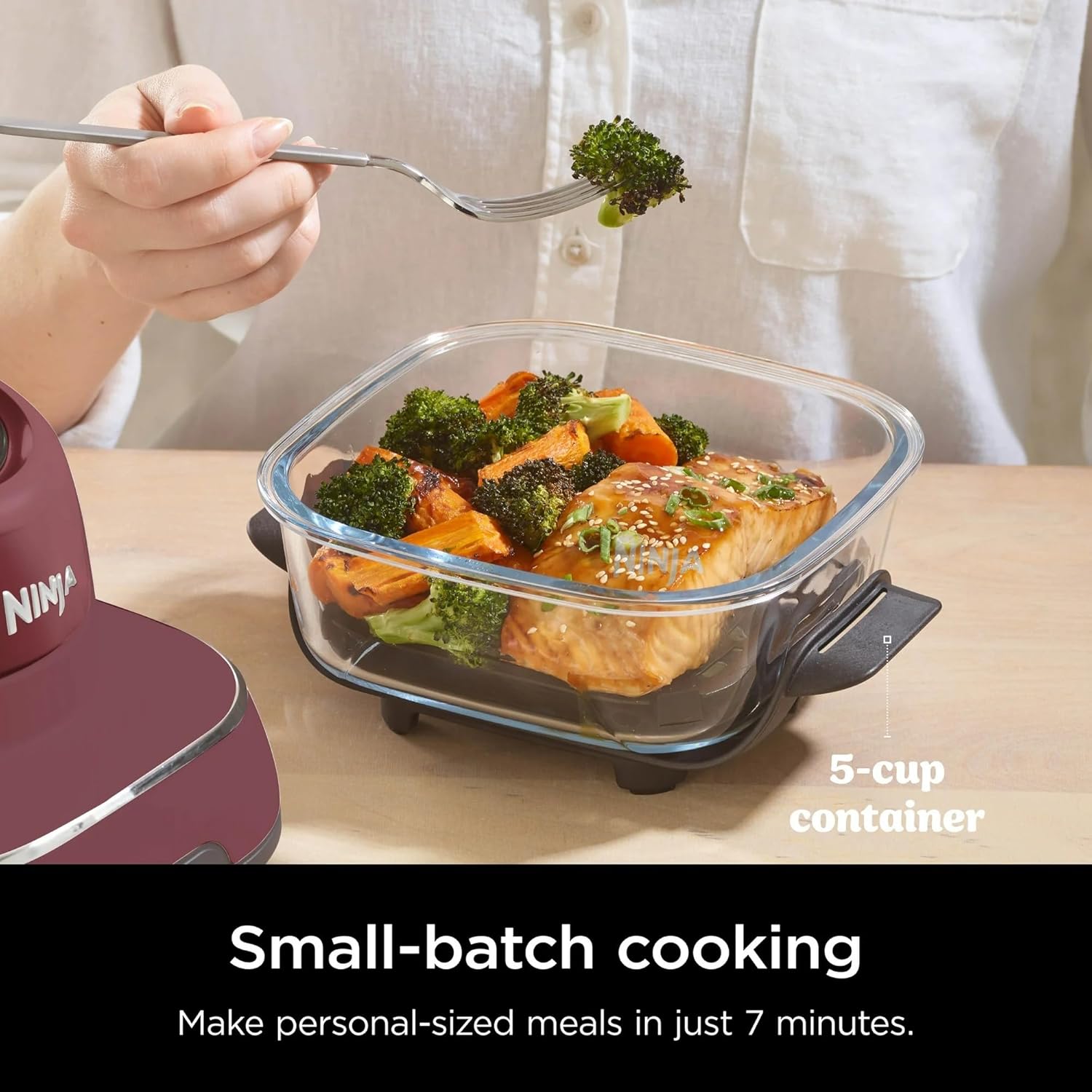 Ninja FN100RD Crispi Air Fryer, Microwave, Freezer & Dishwasher Safe, Non Toxic Glass Portable Cooking System, 4 QT & 5 Cup Glass Containers with Storage Lids, Easy Meals, Cherry (Renewed)