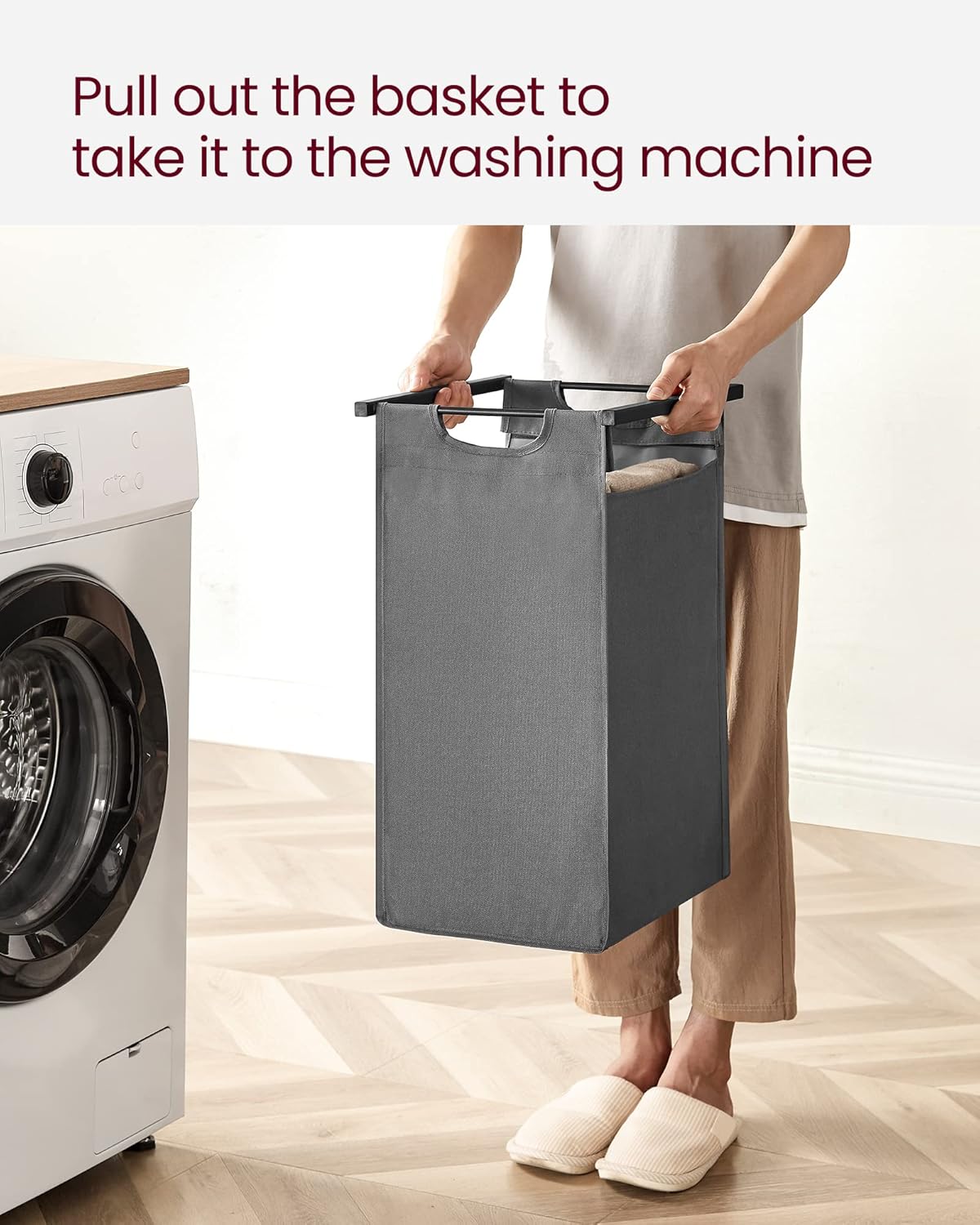 VASAGLE Laundry Hamper, Laundry Basket, Laundry Sorter with A Pull-Out and Removable Bag, Shelf, Metal Frame, 17.2 Gallons (65 L), 19.7 x 13 x 28.4 Inches, Gray and Black UBLH101G01