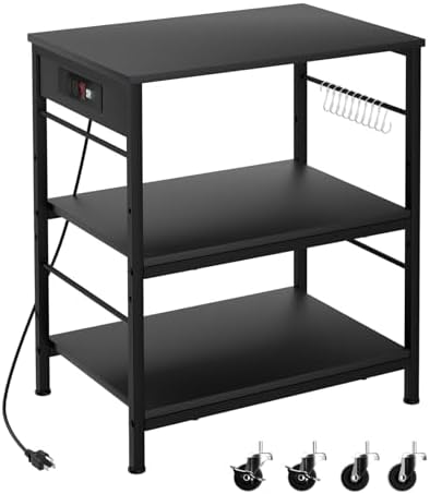 Bakers Rack with Power Outlet Microwave Shelf Stand Black Coffee Bar Table Cart 3 Tier Kitchen Carts on Wheels with Storage and 10 S-Shaped Hooks for Living Room Dining Room Office