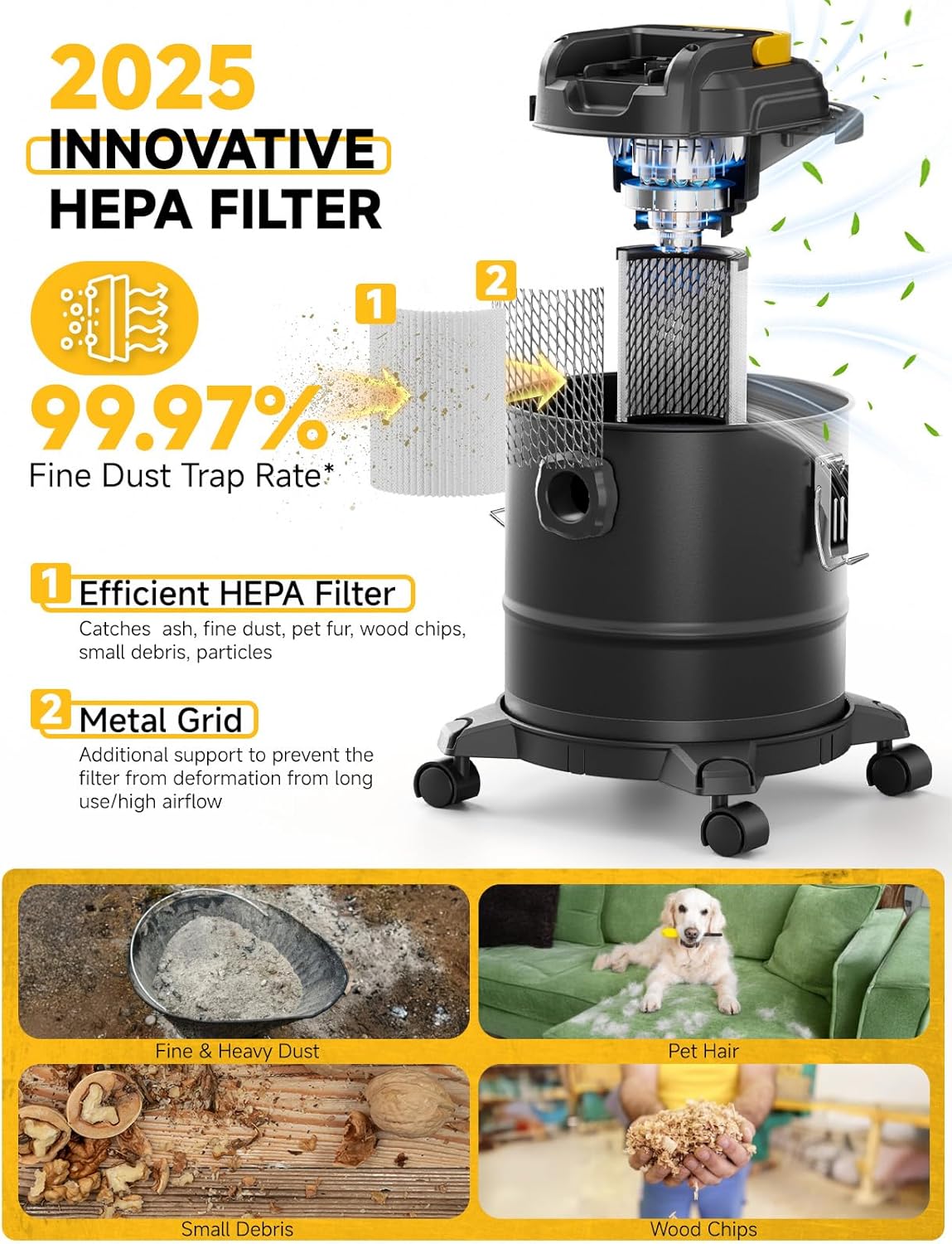 Cordless Ash Vacuum for Pellet Stoves, for DEWALT 20V Max Battery, Pellet Stove Vacuum Cleaner with 2 HEPA Filters, Powerful Suction, 4 Gallons & 4 Wheels, 38