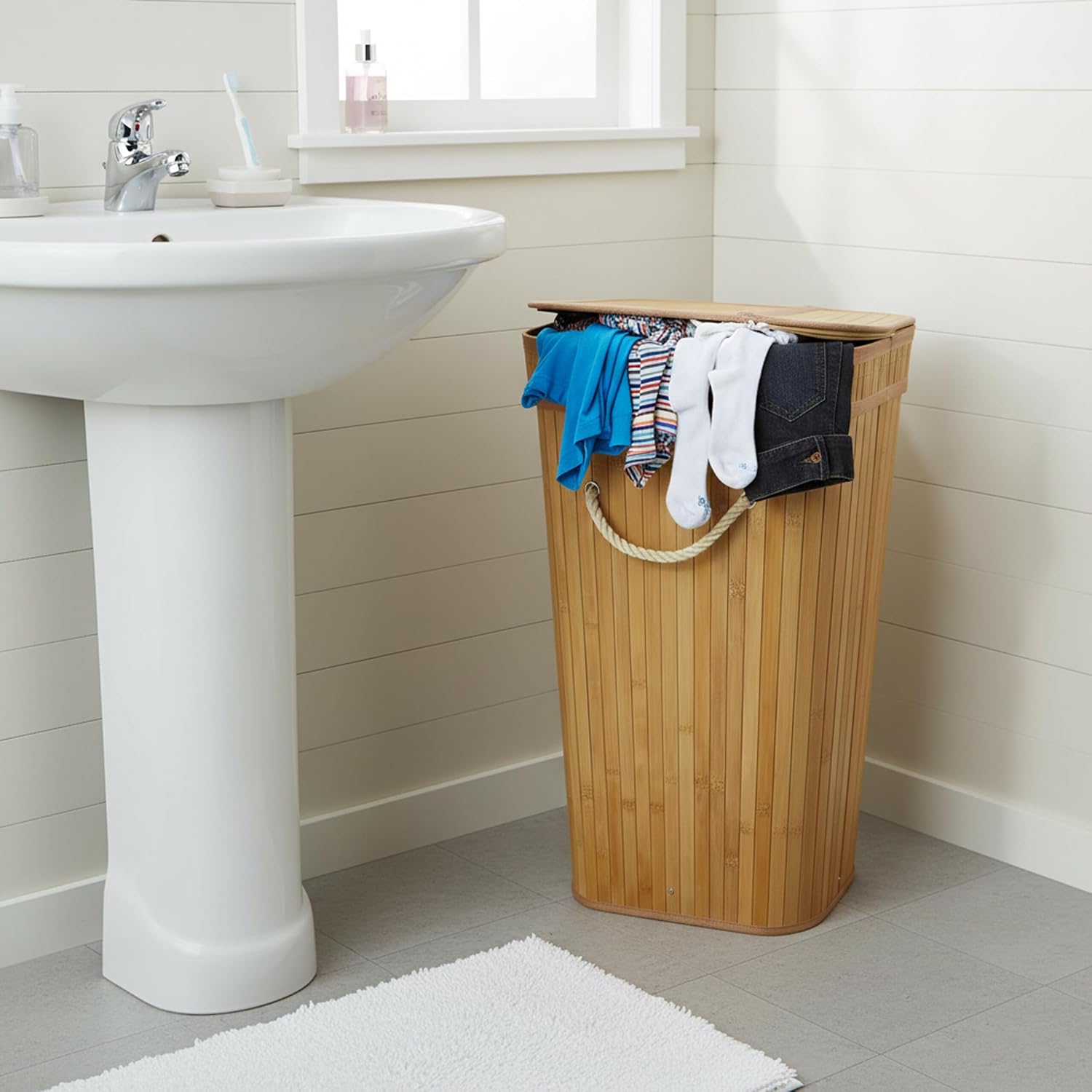 Relaxdays Laundry Basket with Lid, 3 Compartments, Bamboo, 105 L, Foldable, H x W x D: 63 x 52 x 32 cm, Laundry Sorting System, Natural