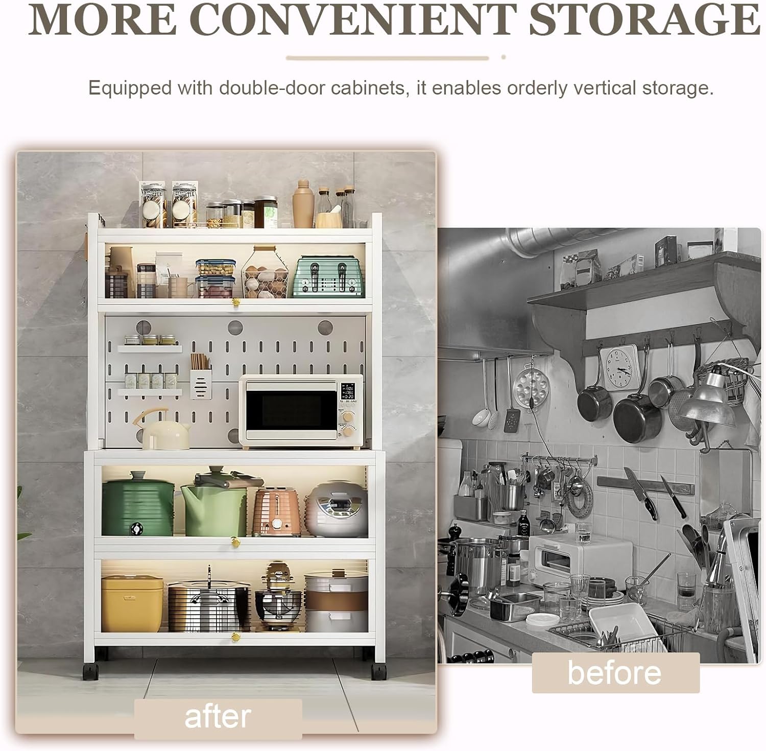 4-Tier Microwave Stand with Flip Door Storage Cabinet, Kitchen Baker's Rack, Standing Buffet Sideboard for Spices, Dishes, Pots, and Pans