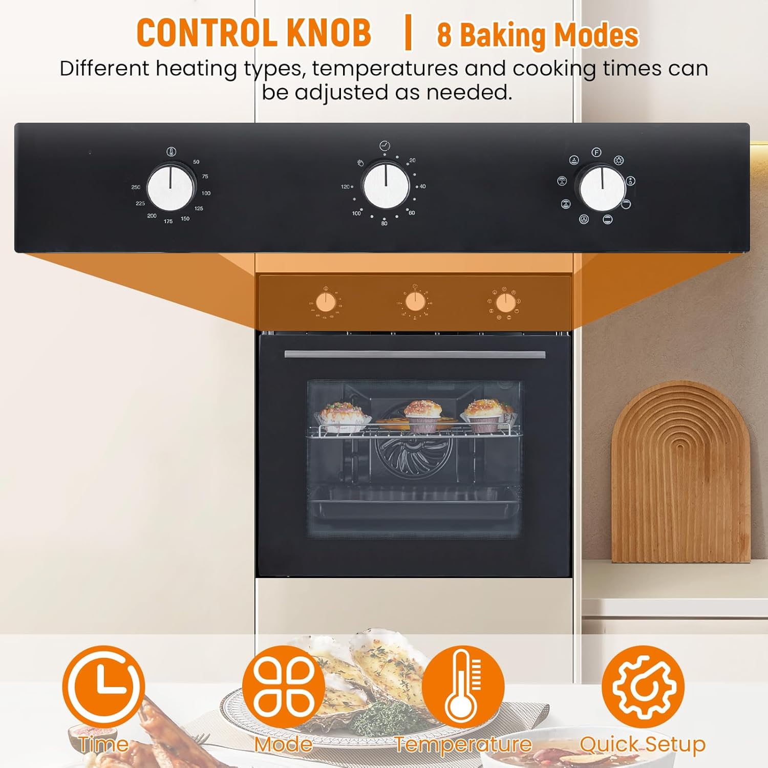 24 Inch Built-in Electric Single Wall Oven, 2.5 Cu.ft Stainless Steel Convection Oven with 8 Cooking Functions, Mechanical Knob Control, 500℉ Max Temperature, 3-Layer Tempered Glass Door, Easy to Clea