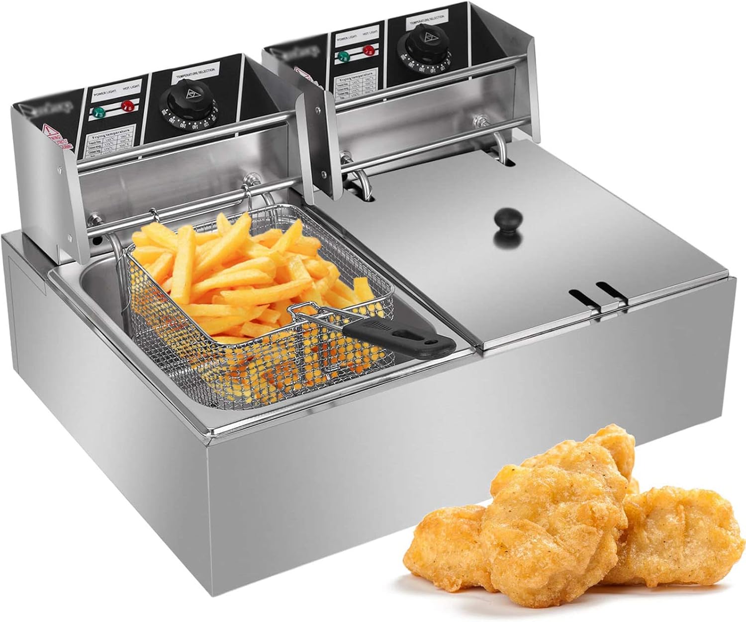 Electric Chip Fryer Large Chip Pans with Basket and Lid 12L 5000W Stainless Steel Deep Fat Fryer for Commercial Restaurant and Home