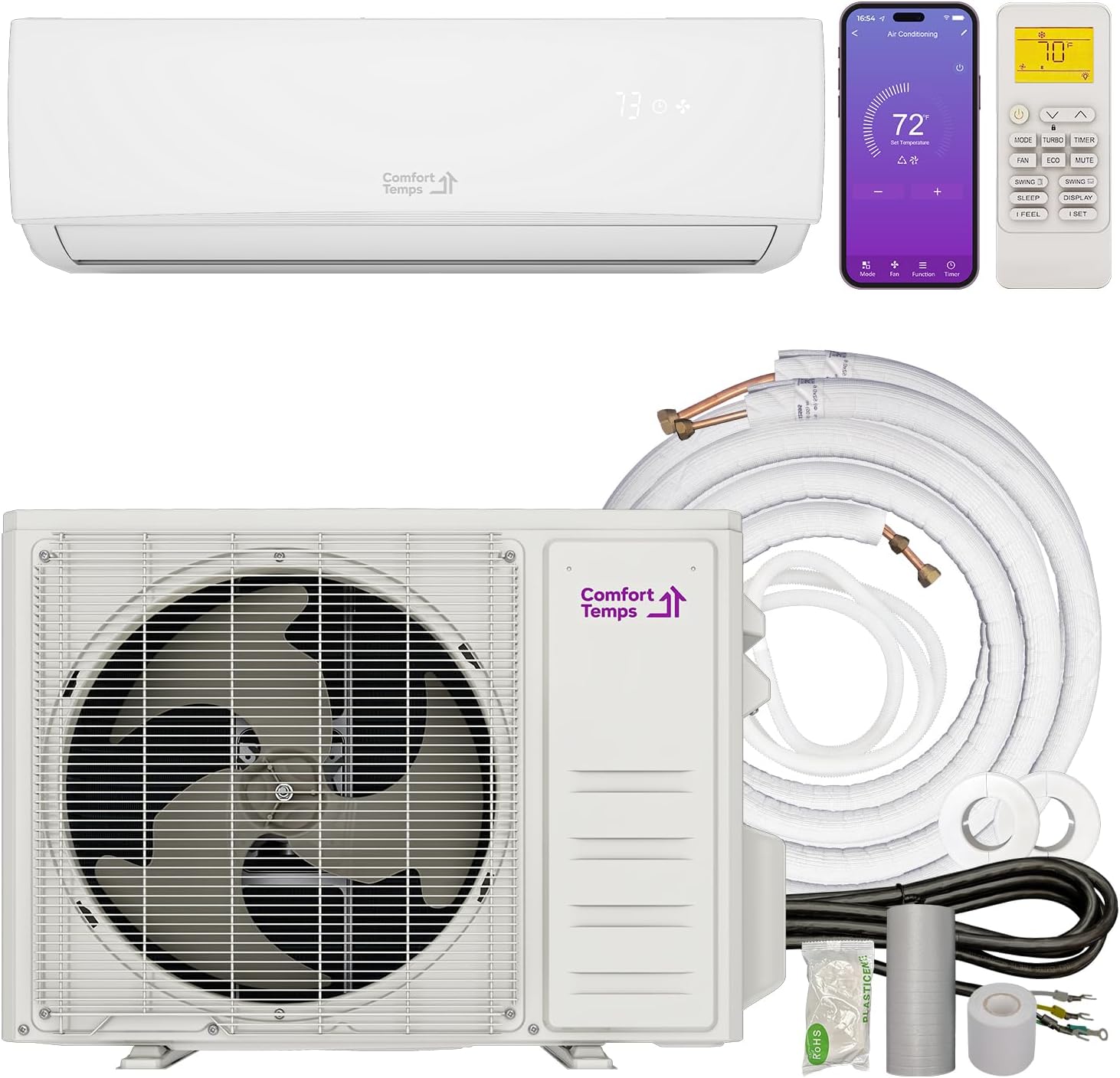 Energy-Saving 12000 BTU Minisplit Systems 110V – 20.5 SEER, Pre-Charged, Ductless, Quiet & Comfortable Mini Split AC/Heating System with WiFi & Complete Easy Install Kit -Elite Series by Comfort Temps