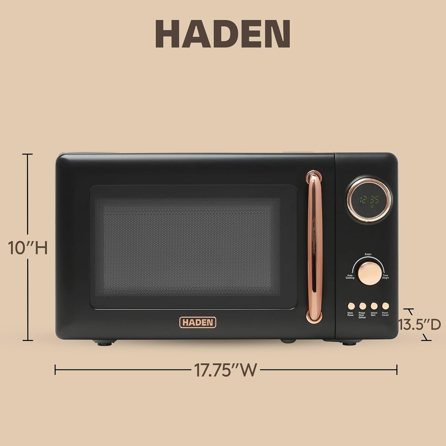 Haden 700 Watt 0.7 Cubic Foot Microwave Oven with Digital Controls, Defrost, and Instant Start Countertop Small Appliance, Black/Copper