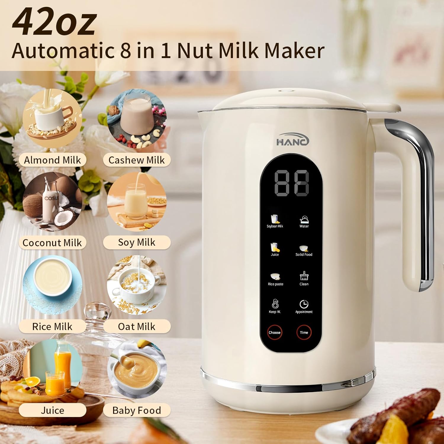 HANC 42oz Nut Milk Maker Machine, 8 in 1 Silent Automatic Soy Milk Maker, Homemade Soy Milk, Oat, Puree, Almond Milk Maker with Delay Start/Keep, Cream Warm/Boil Water/Self-Cleaning, Cream