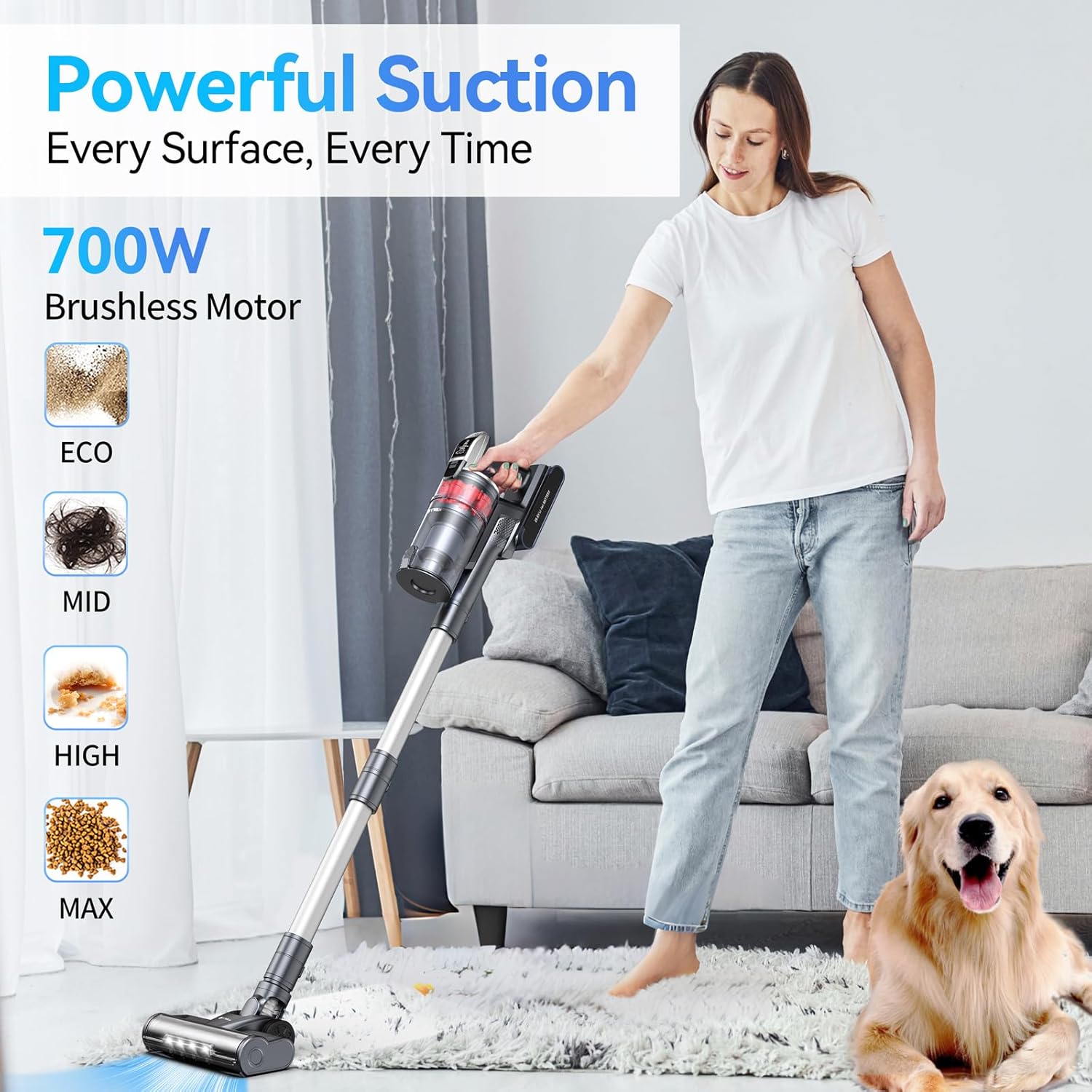 Cordless Vacuum Cleaner, 700W 65Kpa Vacuum Cleaners for Home, Stick Vacuum with 60 Mins Runtime, Anti-Tangle, Auto Mode, LED Display,8-in-1 Rechargeable Vacuum for Carpet Hard Floor Pet Hair