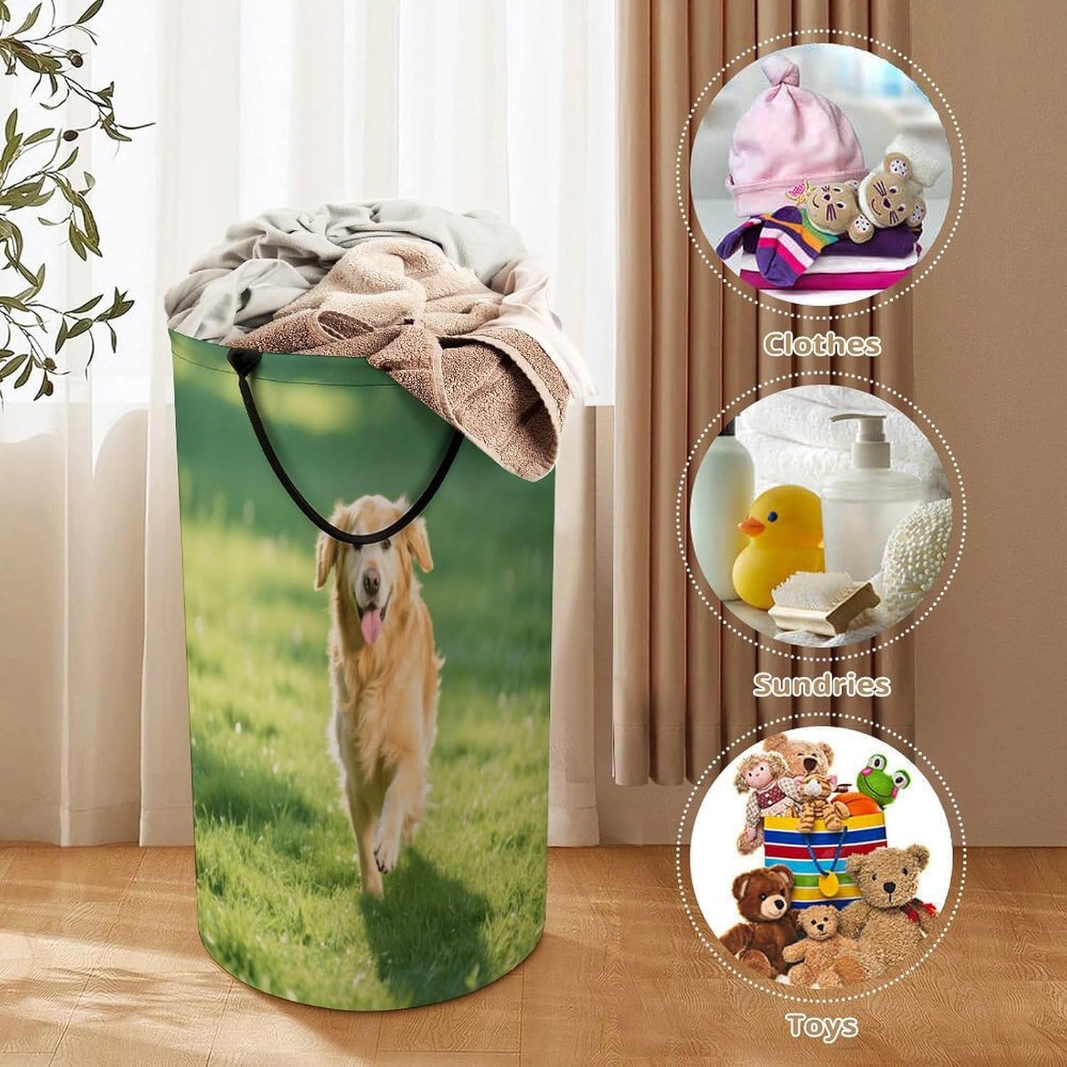 86L Large Laundry Hamper Golden Retriever Patterned Dirty Laundry Hamper Foldable Laundry Bag with Handle Suitable for Bedroom Living Room And Bathroom Washing Machine