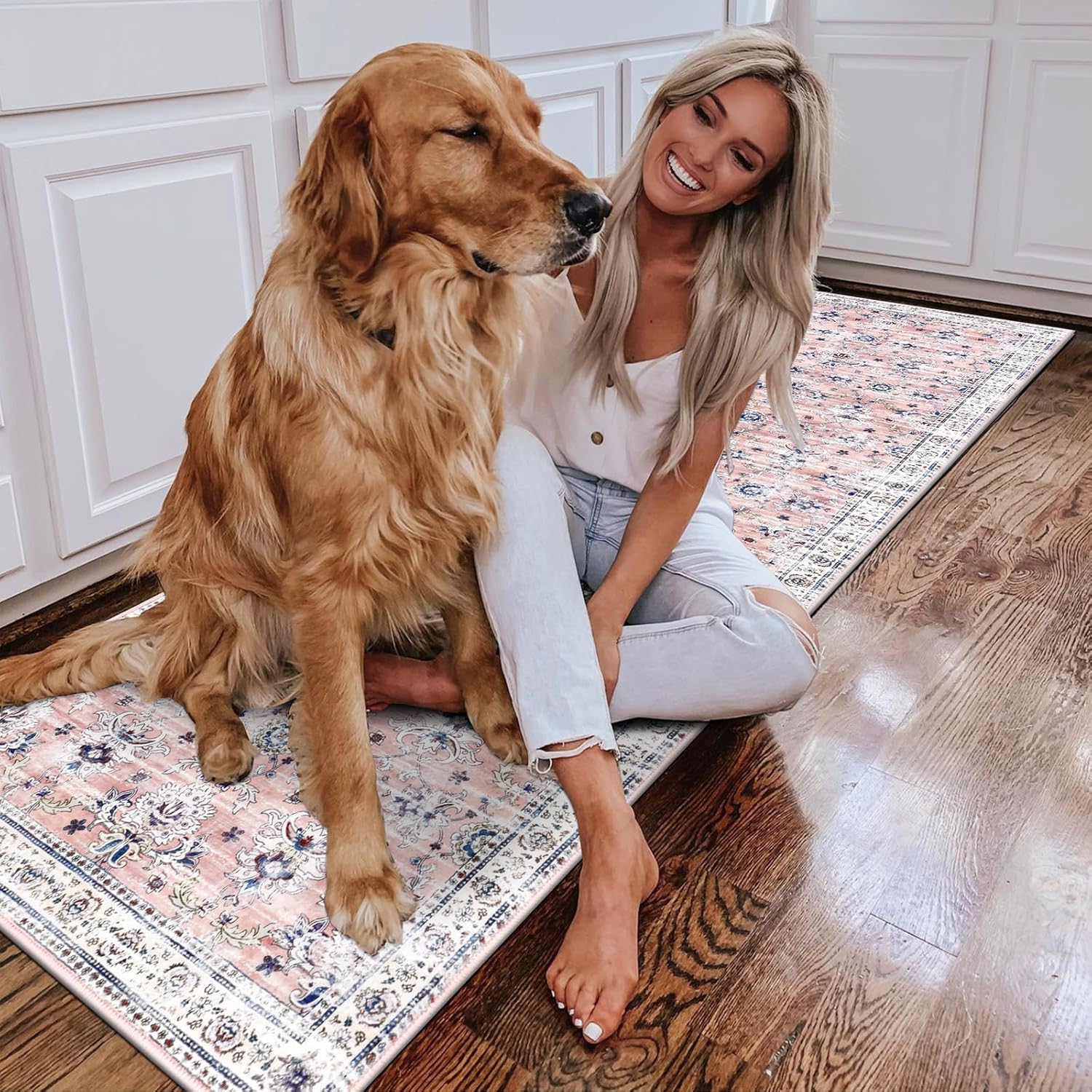 Ileading Vintage Boho Floral Runner Rug 2x8 Non Slip Kitchen Floor Mat Machine Washable Hallway Carpet Non-Shedding Soft Faux Wool Throw Rug for Entryway Laundry Bedroom Livingroom(Pink)