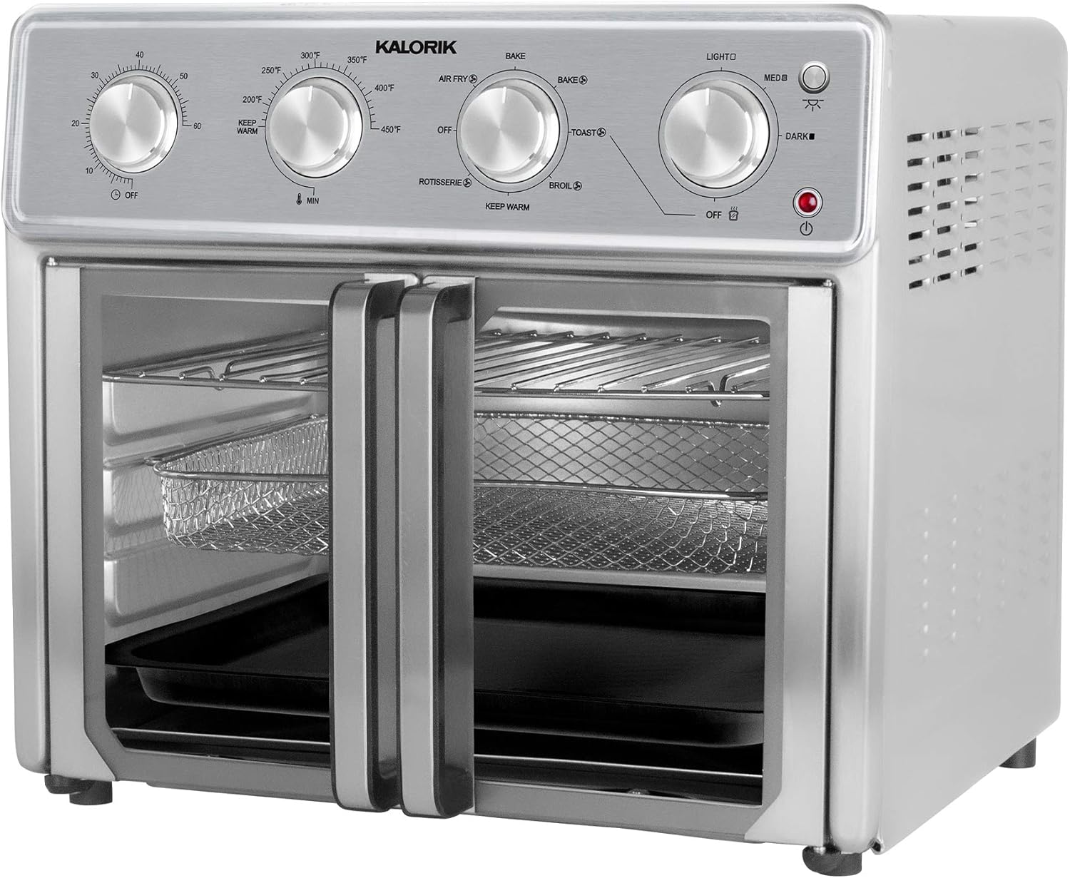 Kalorik MAXX Air Fryer Oven, 26 Quart 9-in-1 Countertop Toaster Oven and Air Fryer Combo - Fry, Bake, Roast, Rotisserie, & More, Large Glass French Doors & 7 Accessories, 1700-Watts, Stainless Steel