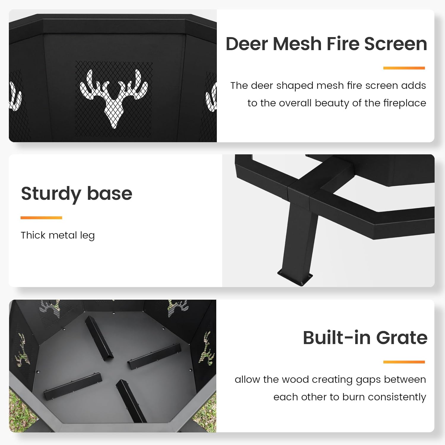 BOINN 35 Inch Octagonal Outdoor Fire Pit,Fire Pits for Outside Wood Burning Fire Pit,Firepit,Firepits for Outside,Camping,Backyard,Patio,Bonfire,Garden,Porch,Black