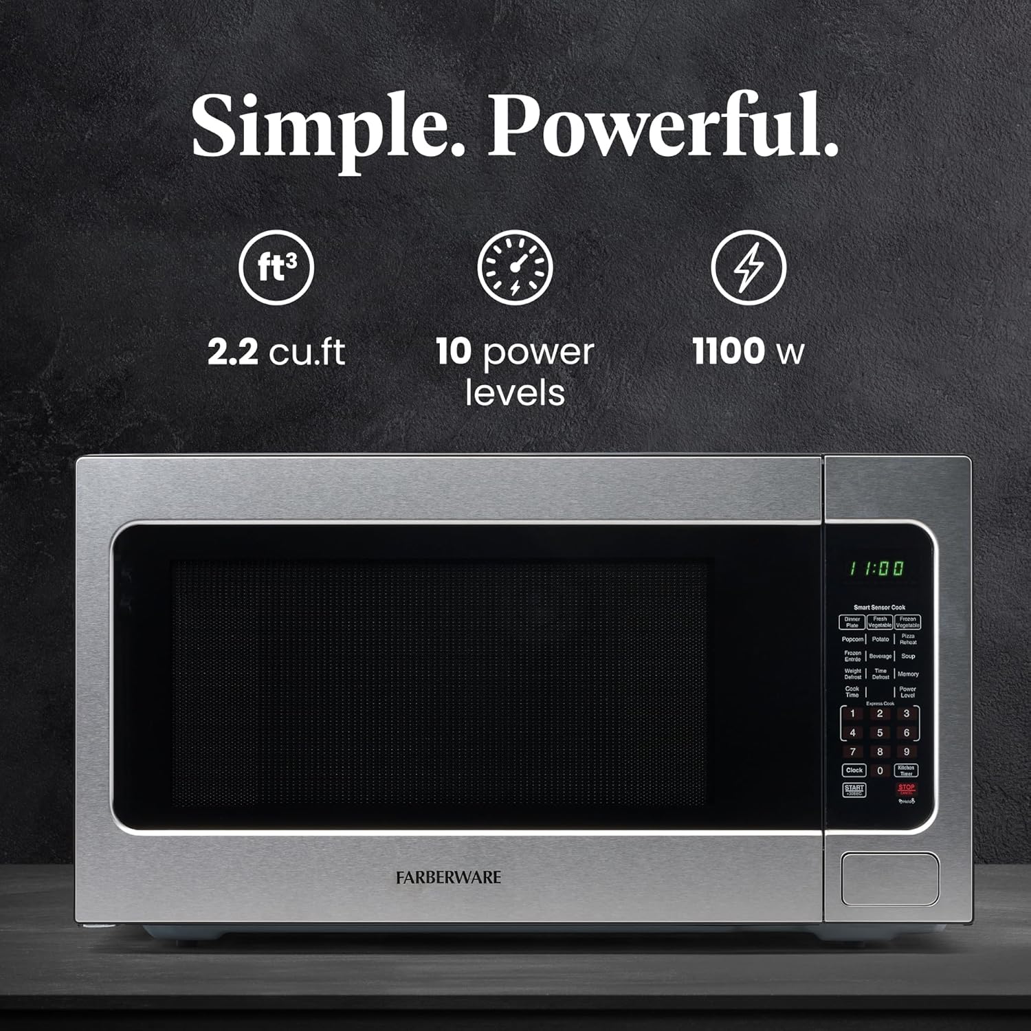 Farberware 2.2 Cu. Ft. Countertop Microwave Oven – 1100 Watts Power, Smart Sensor Auto Cook Settings, Defrost, Easy Clean and Child Safety Lock - Stainless
