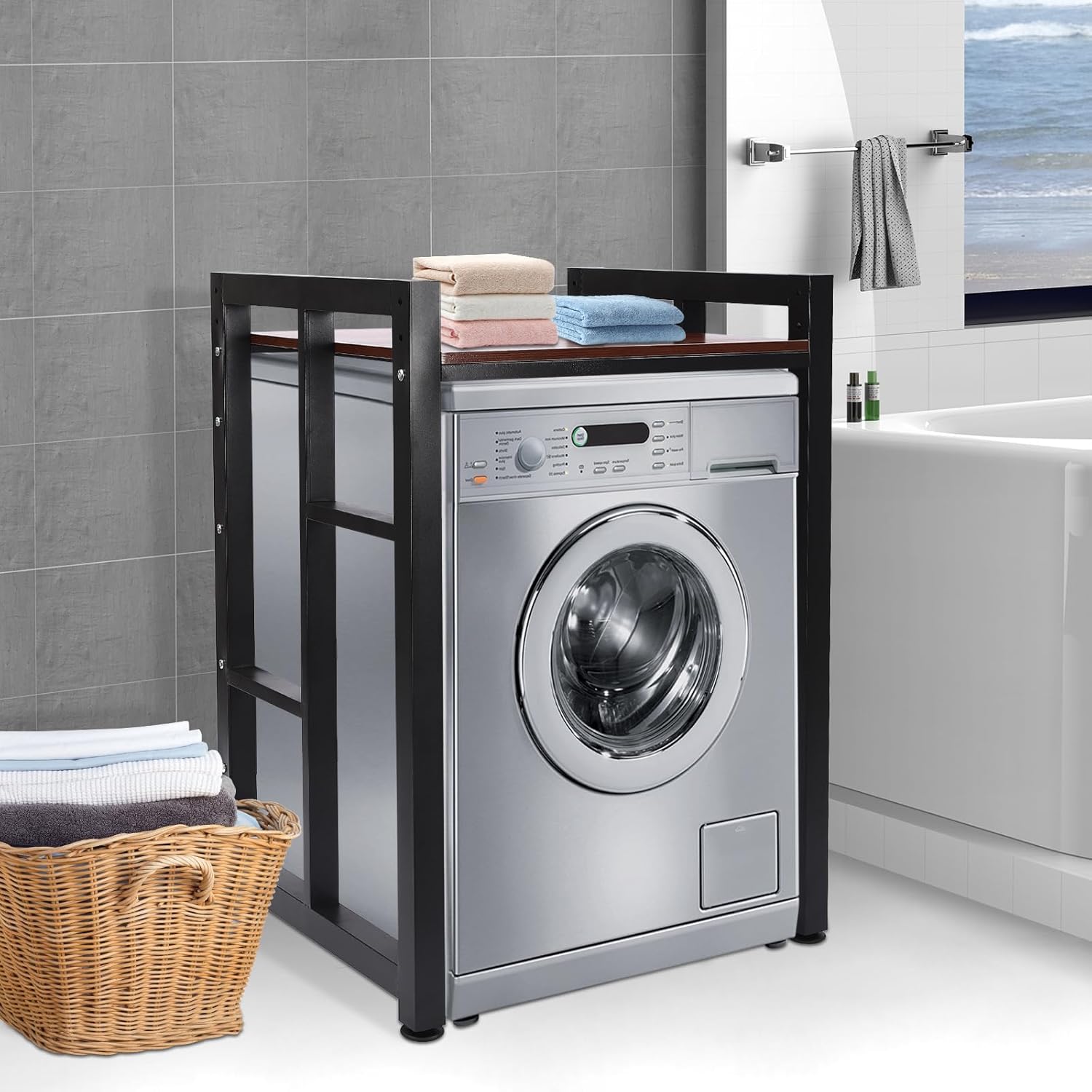 Thicked Steel Washer Dryer Stacking Rack Stand, Wooden Standing Washer Dryer Machine Rack Shelf Stackable Washing Machine Shelf Heavy Duty Space Saving for Laundry Room Bathroom