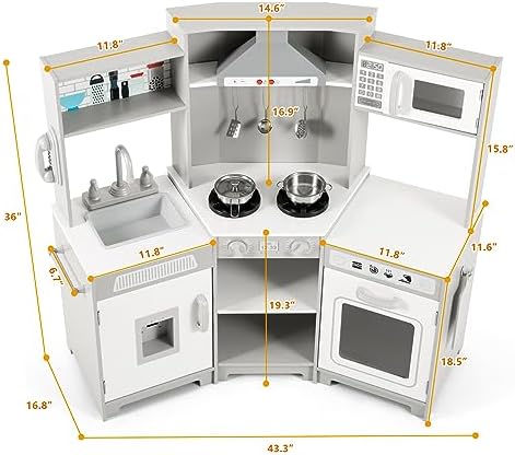 JOYLDIAS Kids Play Kitchen,Corner Wooden Pretend Toddler Kitchen Toys Playset, Realistic Lights & Sounds,Microwave Oven,Water Dispenser, Phone, Sink,Cooking Accessories, for Toddlers Ages 3+, White