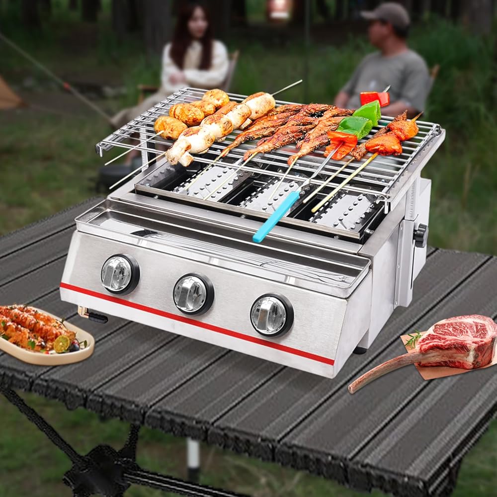 Portable 3 Burners Tabletop Propane Gas Grill with Grill Net Outdoor BBQ Grill with Independent Switch for Outdoor Cooking Camping Garden Picnic Backyard Barbecue, 18.5 * 16.5 * 7.7inch