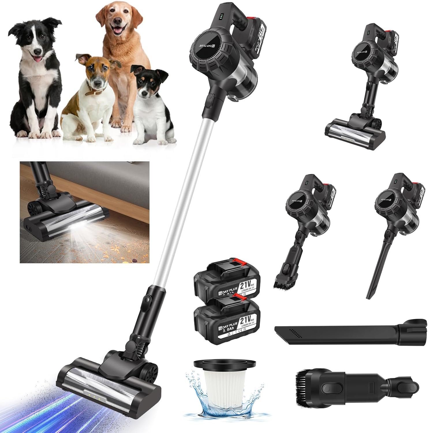 Cordless Vacuum Cleaner, 15Kpa 6-in-1 Lightweight Vacuum Cleaner, Portable Handheld Stick Vacuum with Brushless Motor, 6000mAh Detachable Battery, 2 Suction Modes, for Pet Hair, Carpet, Hardwood Floor