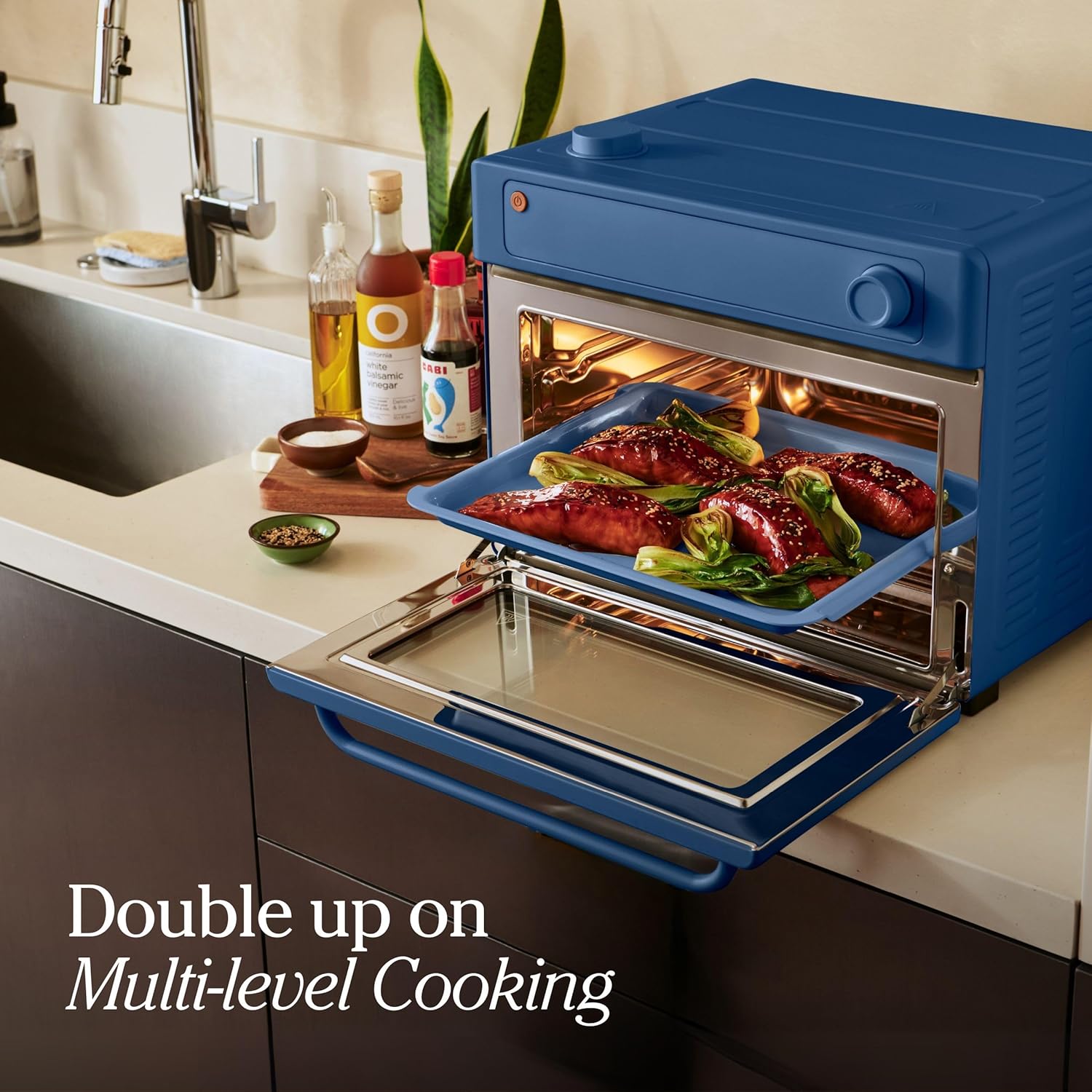 Our Place Wonder Oven & Essentials Kit | 6-in-1 Air Fryer Toaster Oven with Steam Infusion | Countertop Convection Oven Combo with Extra Bake Pan & Air Fryer Basket | Non-toxic, PFAS-Free | Blue Salt