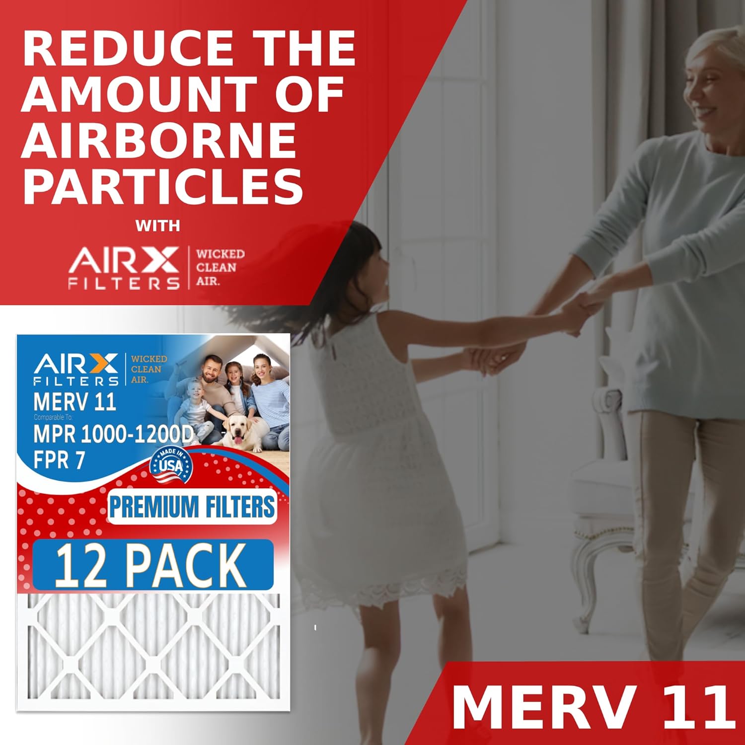 18x25x1 Air Filter MERV 11 Rating, 12 Pack of Furnace Filters Comparable to MPR 1000, MPR 1200 & FPR 7 - Made in USA by AIRX FILTERS WICKED CLEAN AIR.