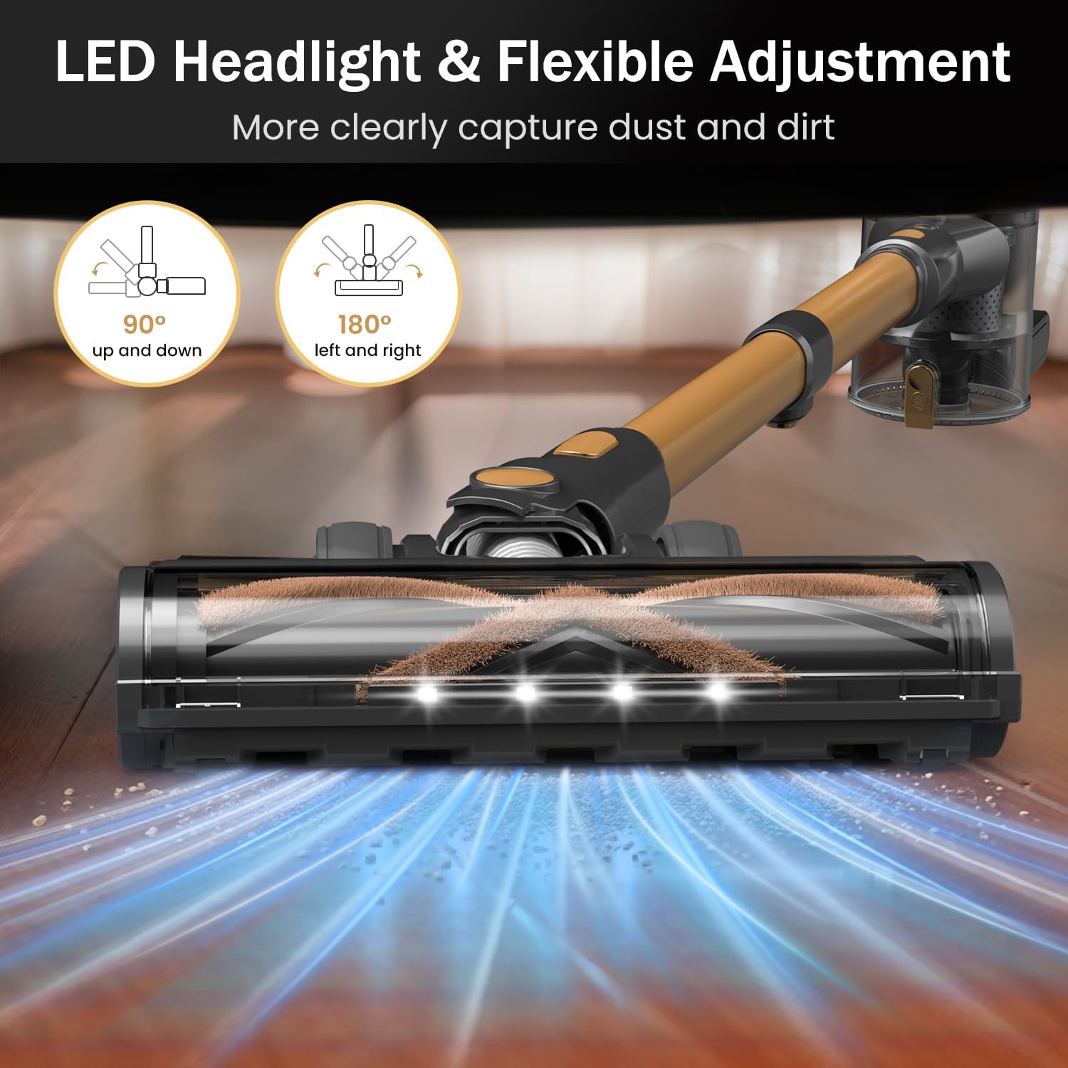 Cordless Vacuum Cleaner, 10-in-1 Lightweight Stick Vacuum with 45mins Runtime, Powerful Suction, LED Touch Screen, Rechargeable Vacuum Cleaners for Home Hardwood Floor Carpet Pet Hair (Gold)