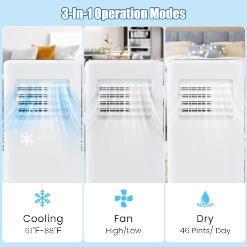 GOFLAME 8000 BTU Portable Air Conditioner, 3-in-1 Floor Air Cooler w/Remote Control, LED Digital Display, Ambient Lighting, 1-24H Timer, Window Installation Kit, AC Unit for Rooms Up to 250 Sq.Ft