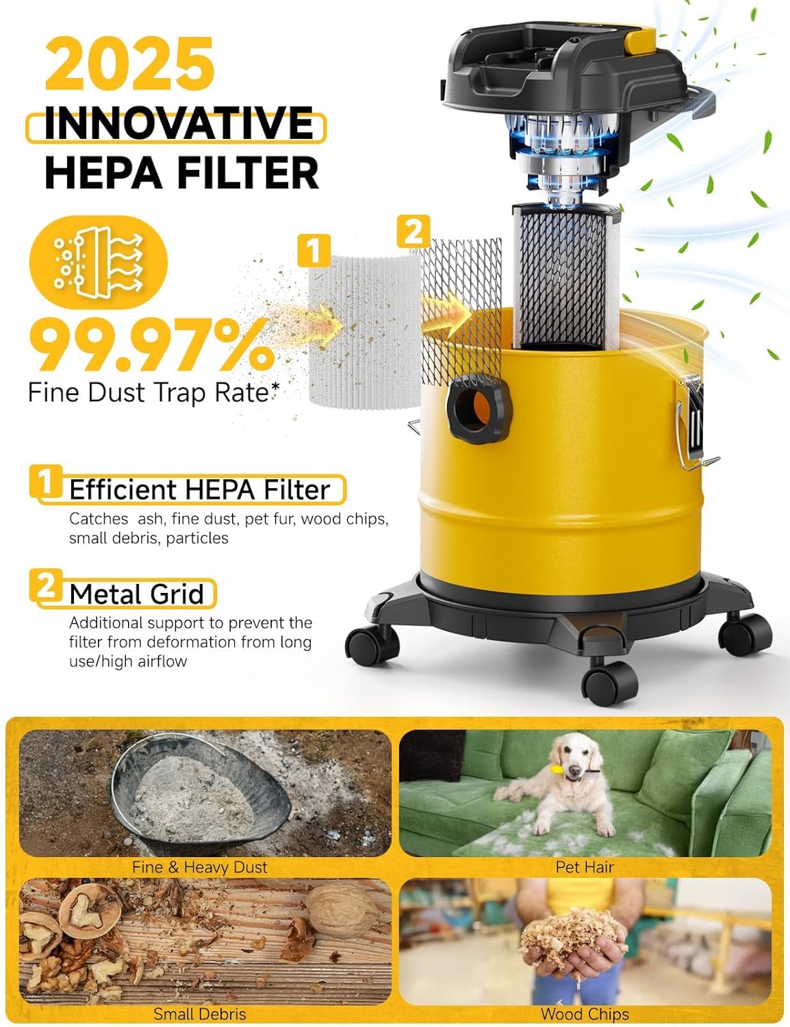 Cordless Ash Vacuum for Pellet Stoves, for DEWALT 20V Max Battery, Pellet Stove Vacuum Cleaner with 2 HEPA Filters, Powerful Suction, 4 Gallons & 4 Wheels, 38