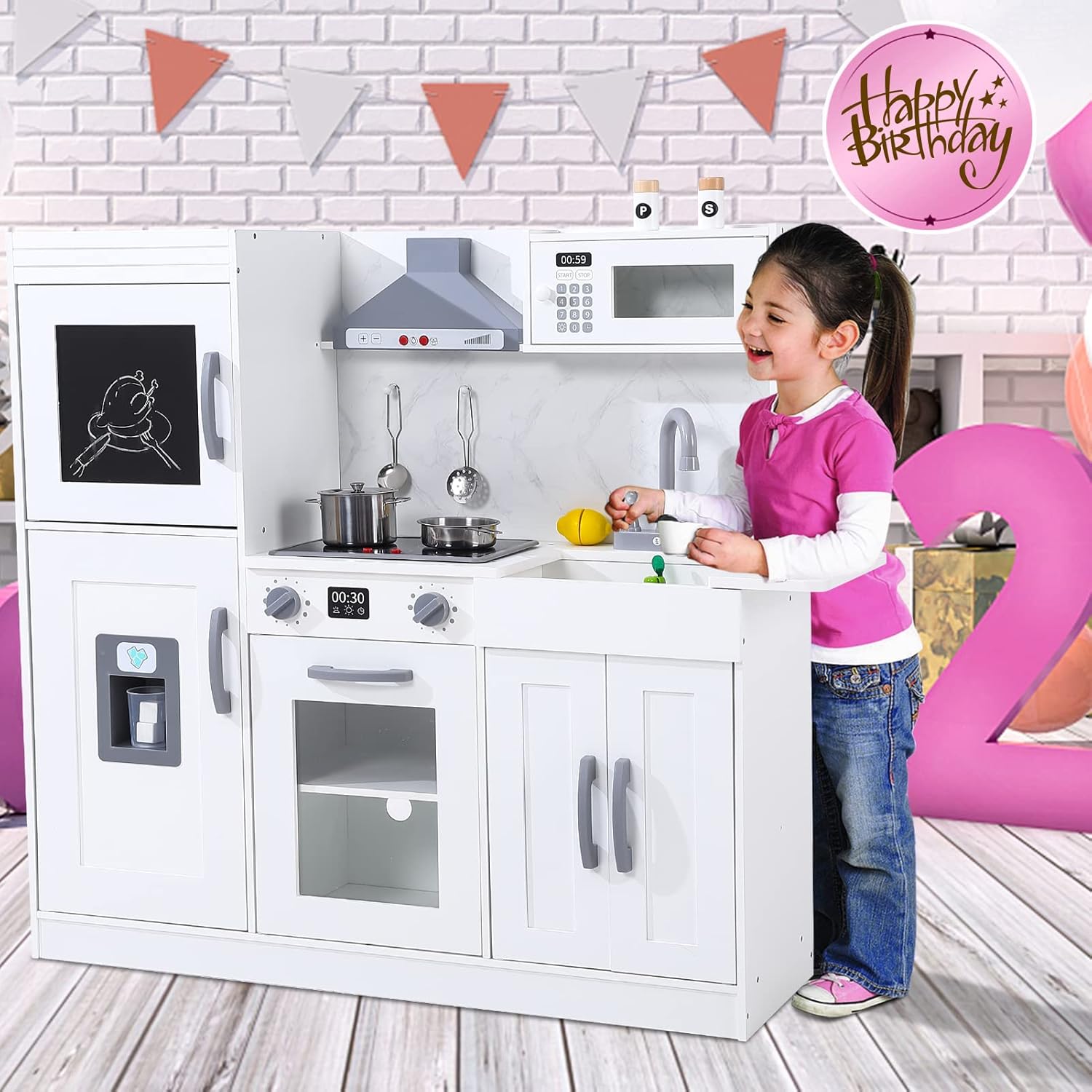 Garvee Wooden Play Kitchen Set, Pretend Play Kitchen with Cookware Accessories, Microwave, Oven, Sink, Real Lights & Sounds for 3+ Chef Pretend Play, White