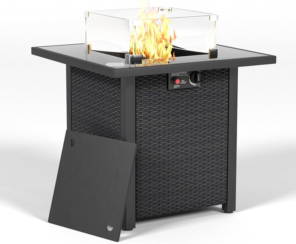 28 Inch Propane Fire Pit Table, Rattan Wicker Look, 50000 BTU Gas Firepits Tempered Glass Tabletop with Glass Windscreen Protector for Outside Patio and Garden(Coffee)