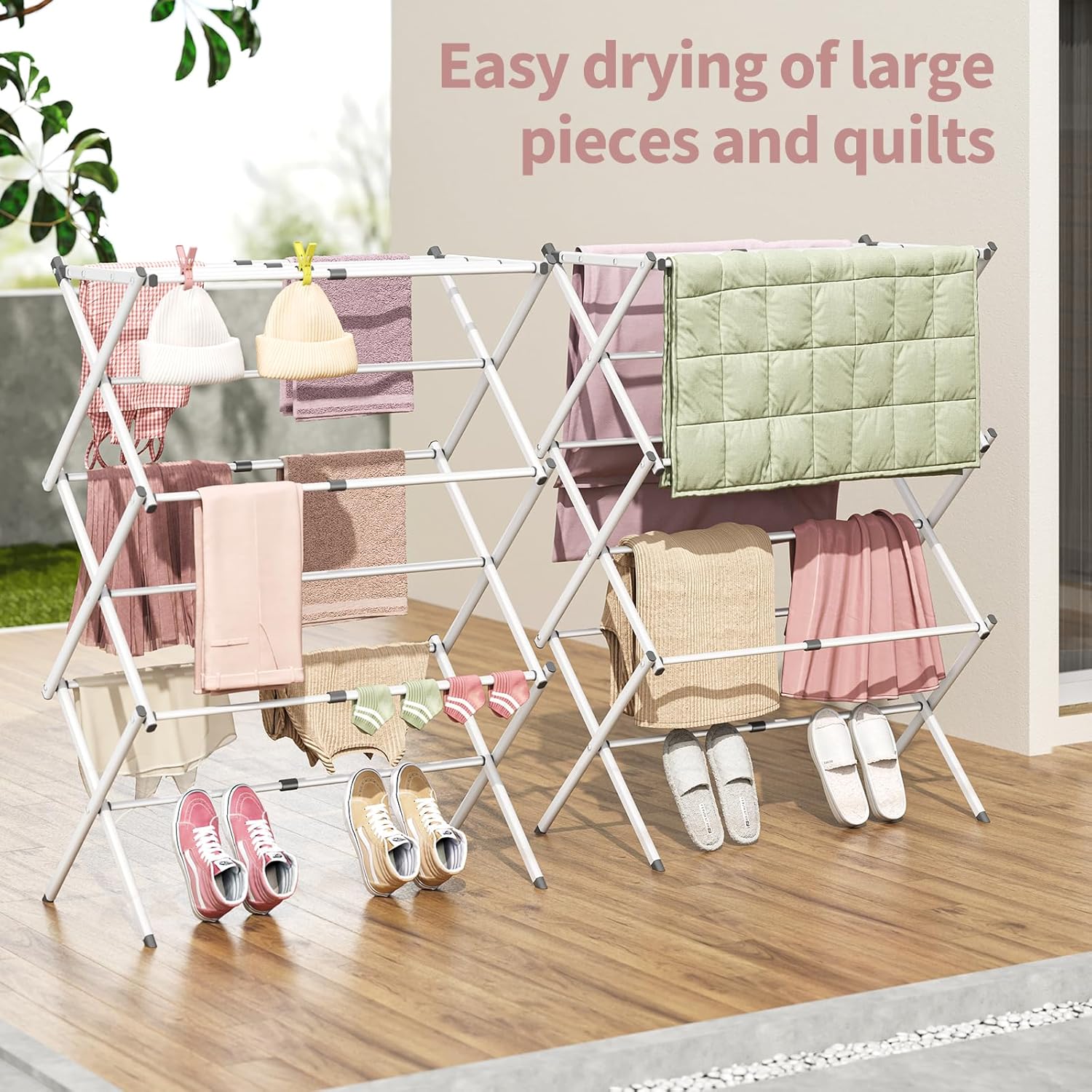 APEXCHASER Clothes Drying Rack Folding - 3 Tier Laundry Drying Rack for Clothes, Expandable Metal Clothing Dryer, Collapsible Towel Rack, Air Drying Rack, White